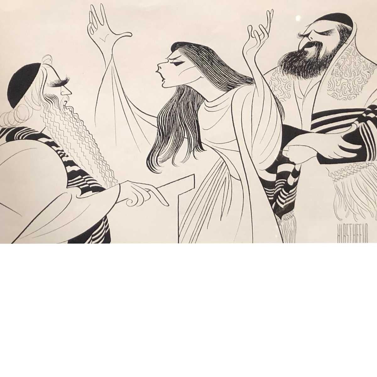 Al Hirschfeld The Dybbuk Lithograph, Post Ninas birth painting in which in the majority of his painting after the birth of his daughter he wrote the word Nina in the sketch for her to find it.

Hand-signed, limited-edition etching of two rabbis
