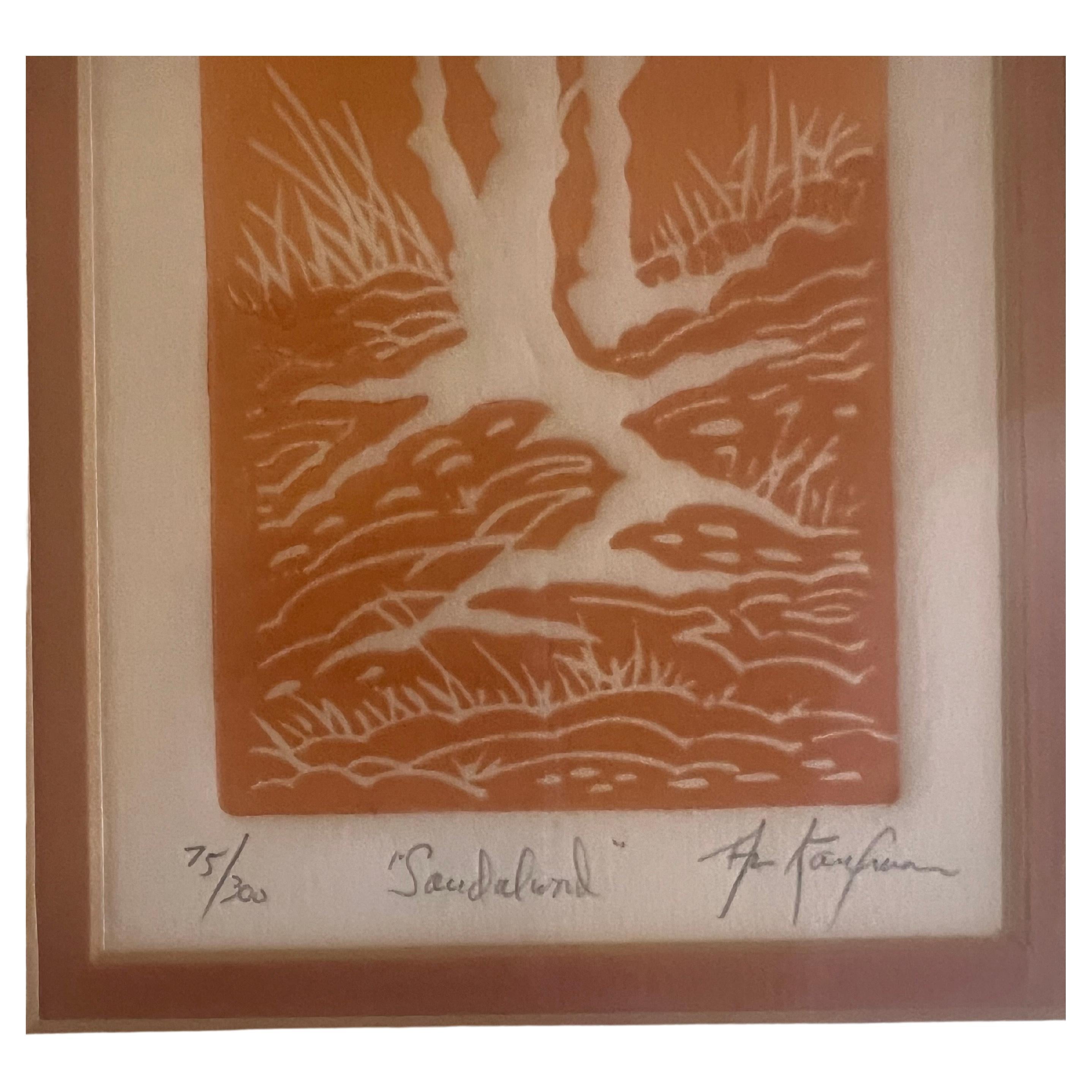 Original-Radierung des Künstlers Al Kaufman aus den 1970er Jahren, gerahmt in Glas und Eiche mit COA  signiert und nummeriert Sandalwood Titel.