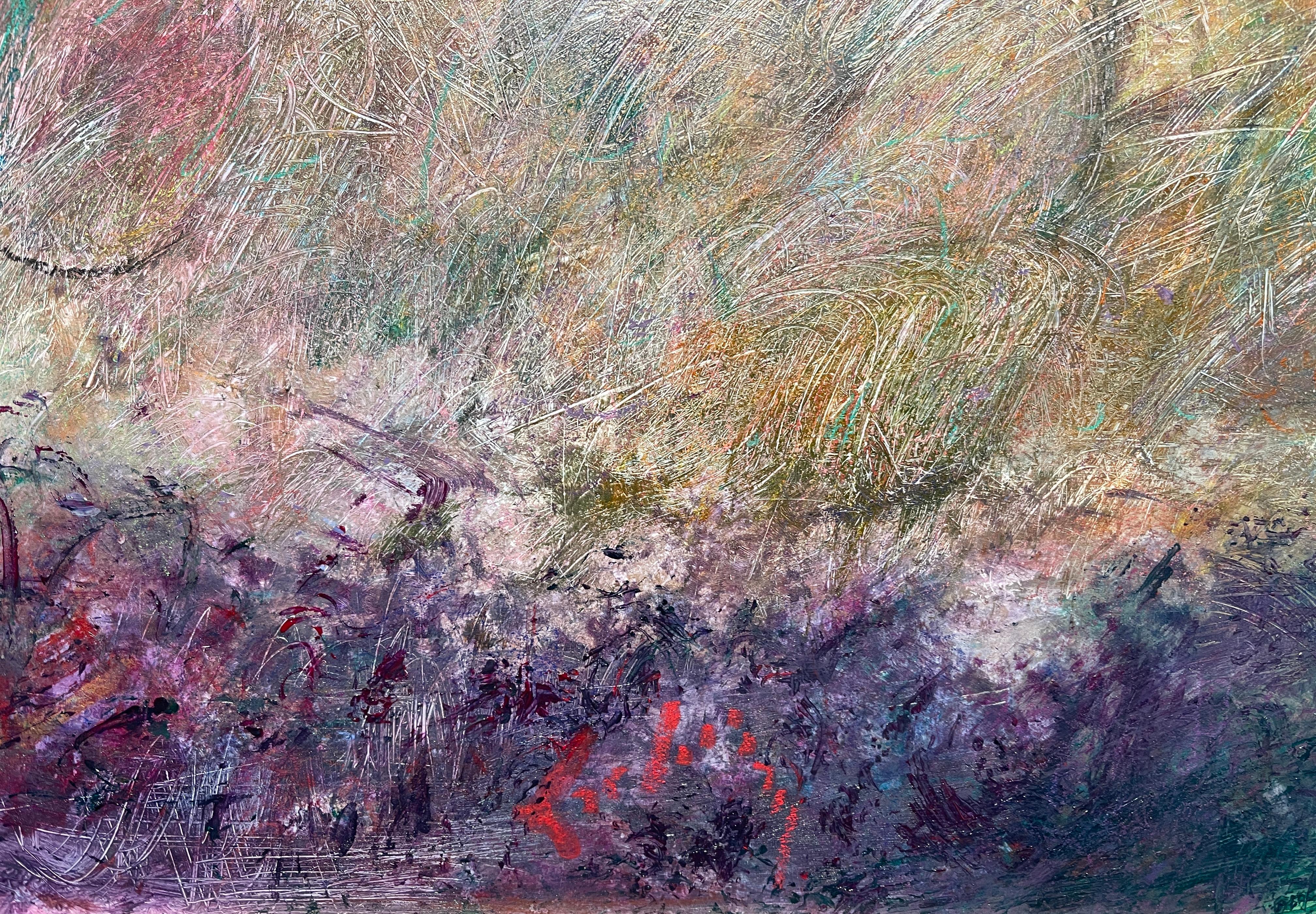 Seek and Shine, Abstrakte expressionistische Landschaft (Grau), Landscape Painting, von Al Lachman 