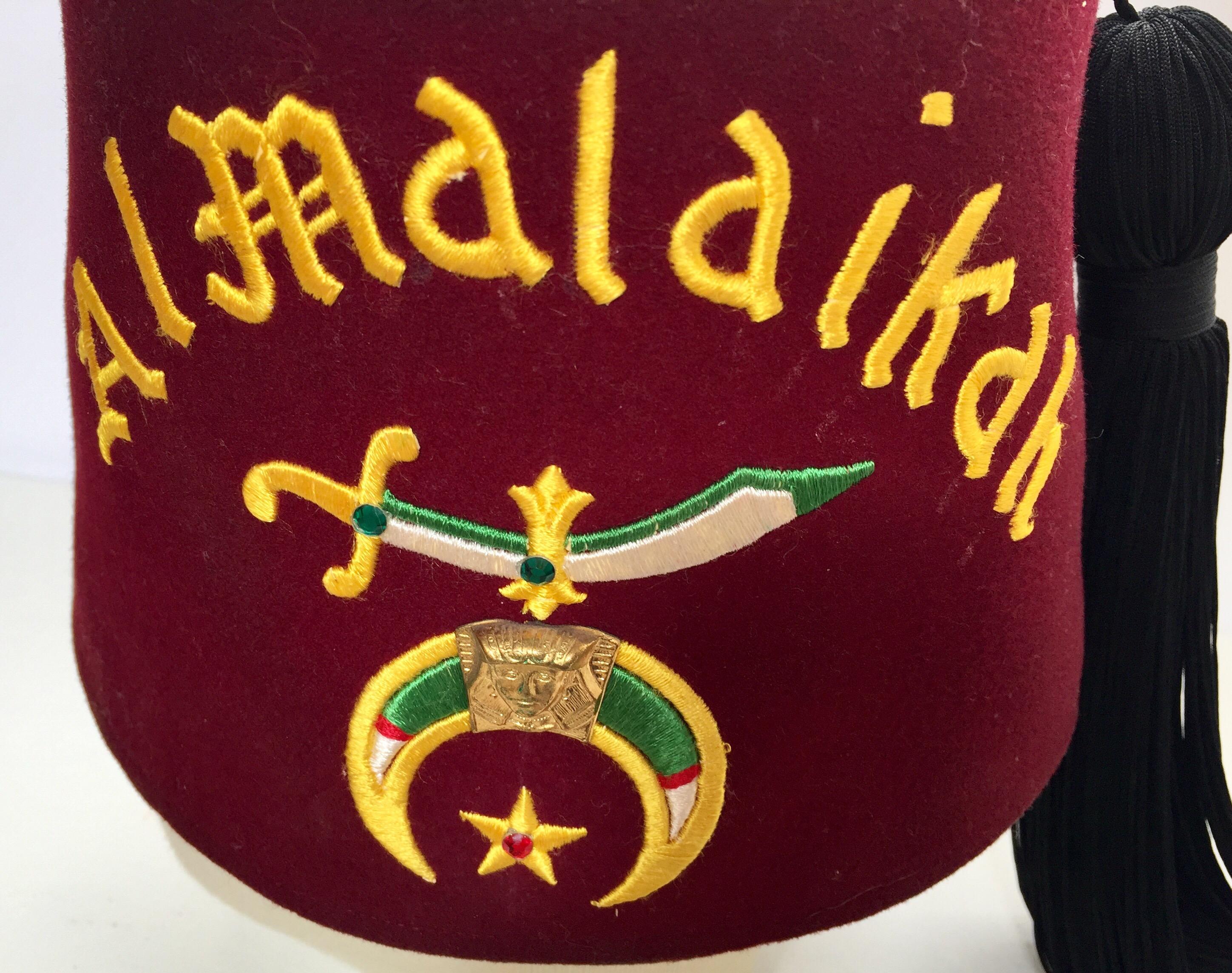 Moorish AL Malaikah Vintage Iconic Masonic Shriner Burgundy Wool Fez Hat For Sale