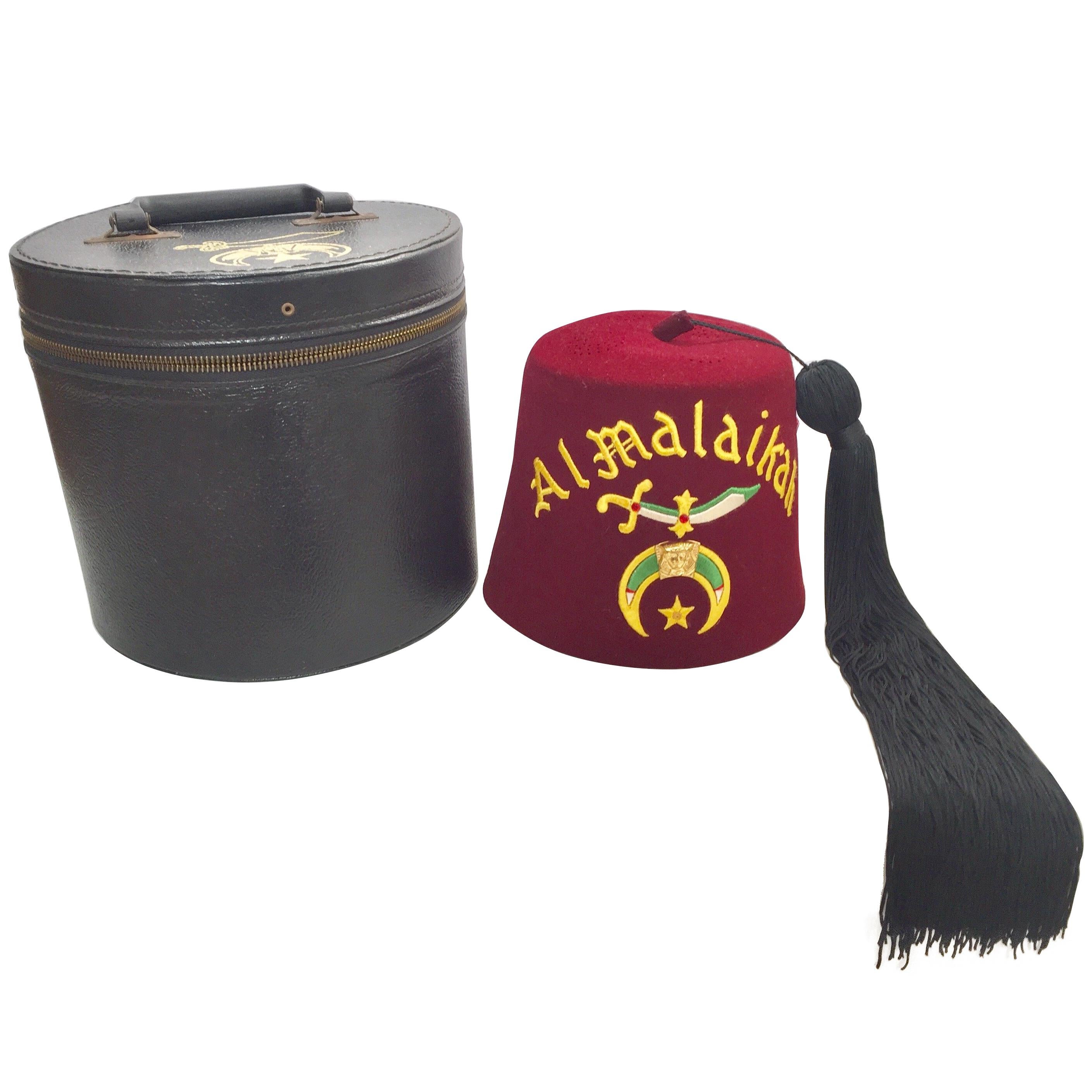 AL Malaikah Vintage Iconic Masonic Shriner Burgundy Wool Fez Hat in Original Box For Sale