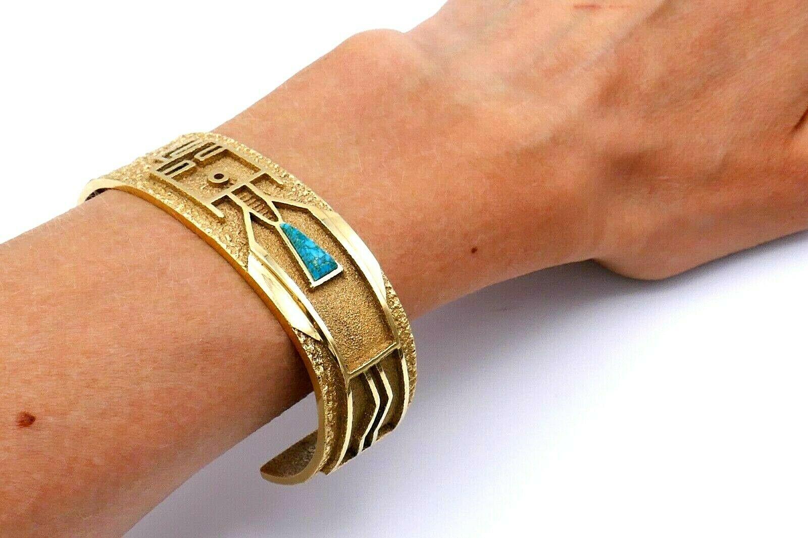 Women's or Men's Al Nez Yellow Gold Turquoise Cuff Bracelet