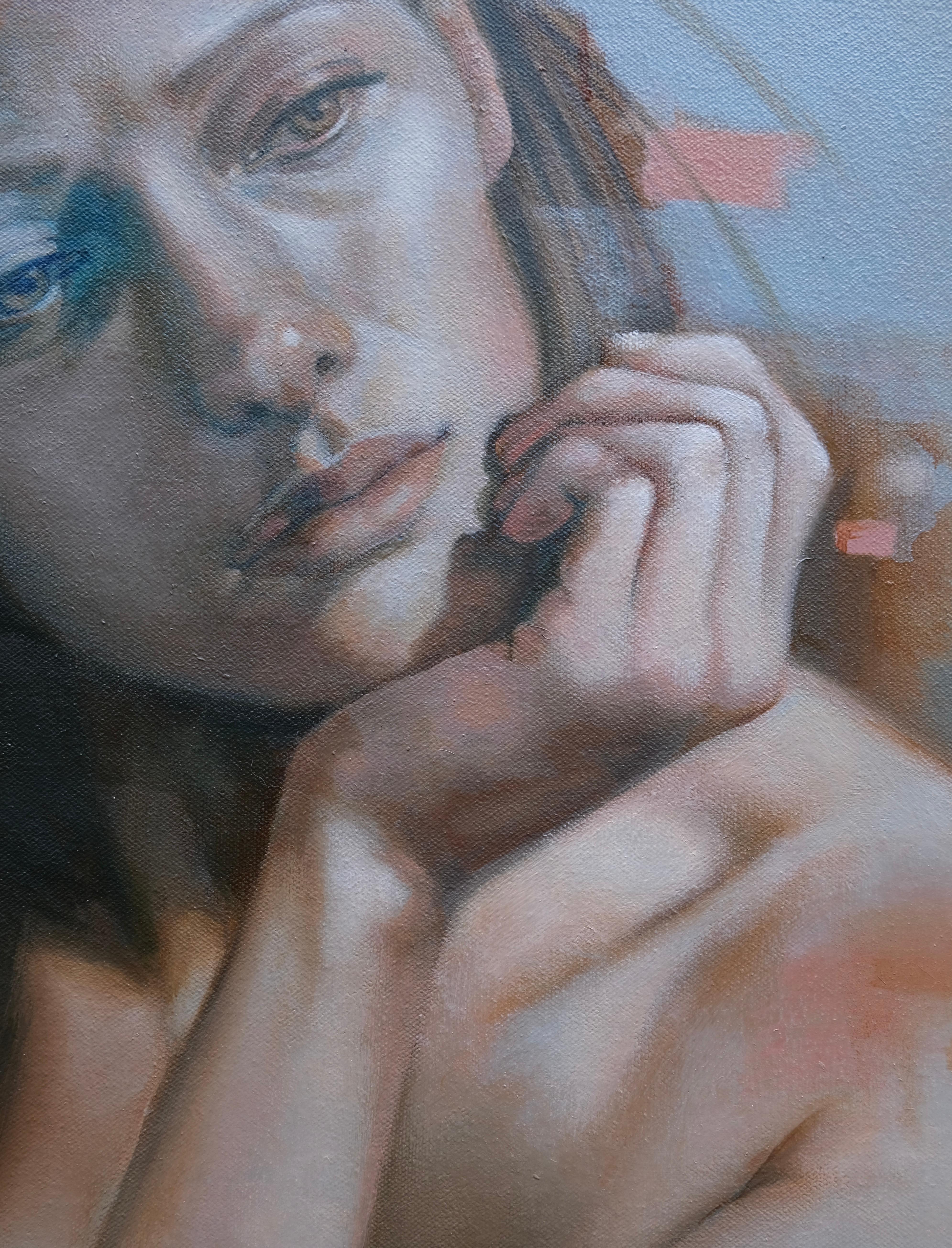 Herbstbreeze II, Figuratives Ölgemälde, Frau in rot-orangefarbenem Kleid – Painting von Al Saralis