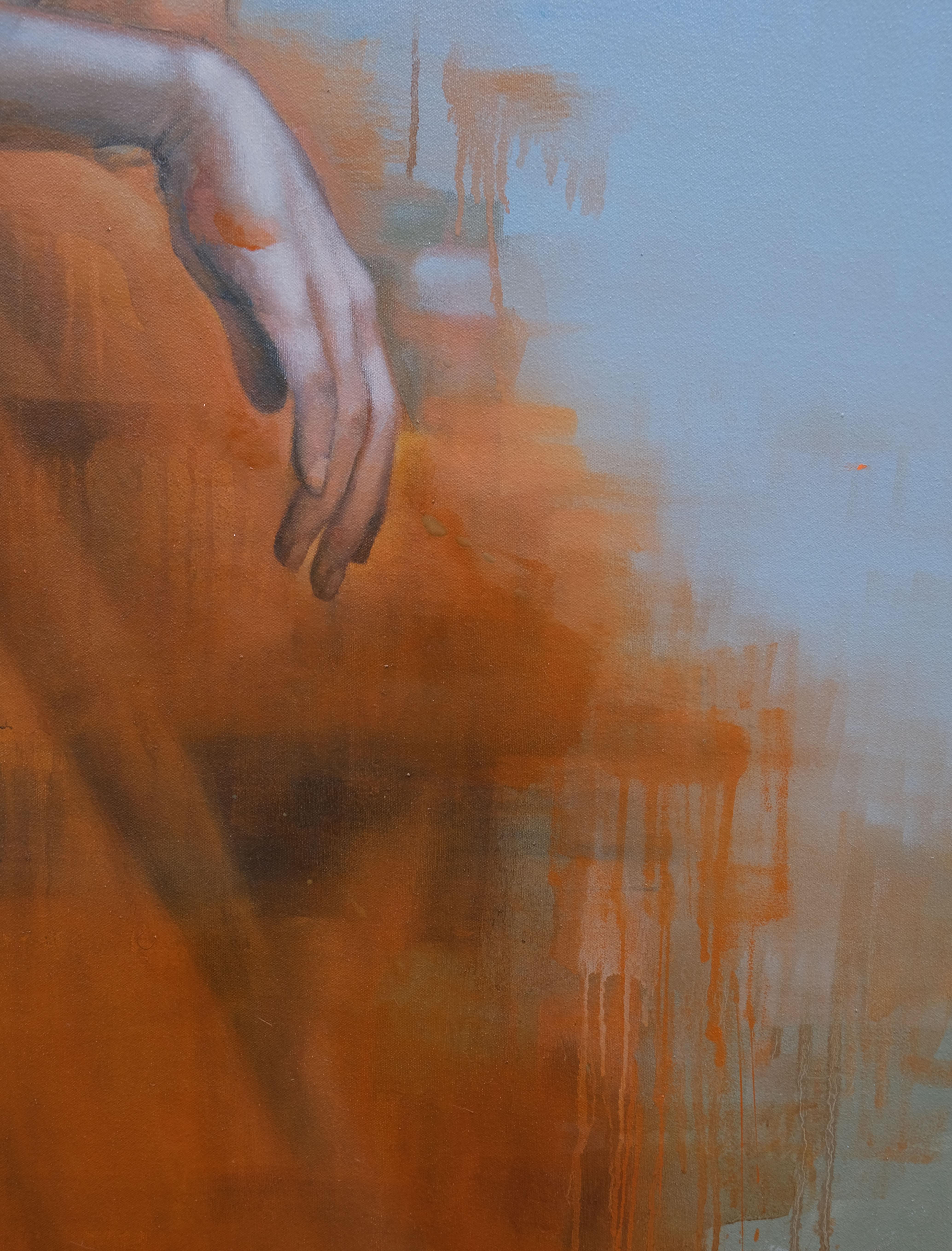 Herbstbreeze II, Figuratives Ölgemälde, Frau in rot-orangefarbenem Kleid (Realismus), Painting, von Al Saralis