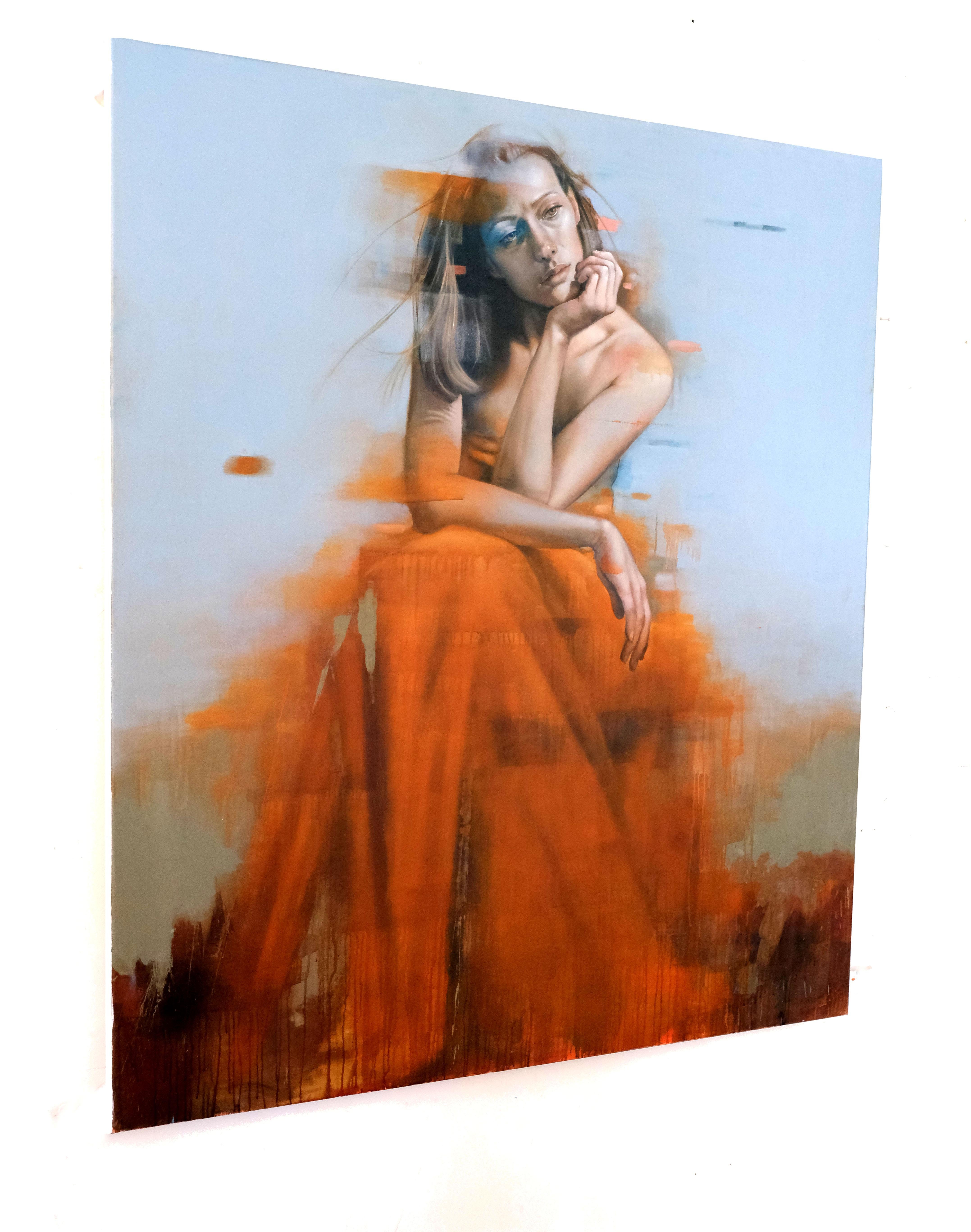 Herbstbreeze II, Figuratives Ölgemälde, Frau in rot-orangefarbenem Kleid (Realismus), Painting, von Al Saralis
