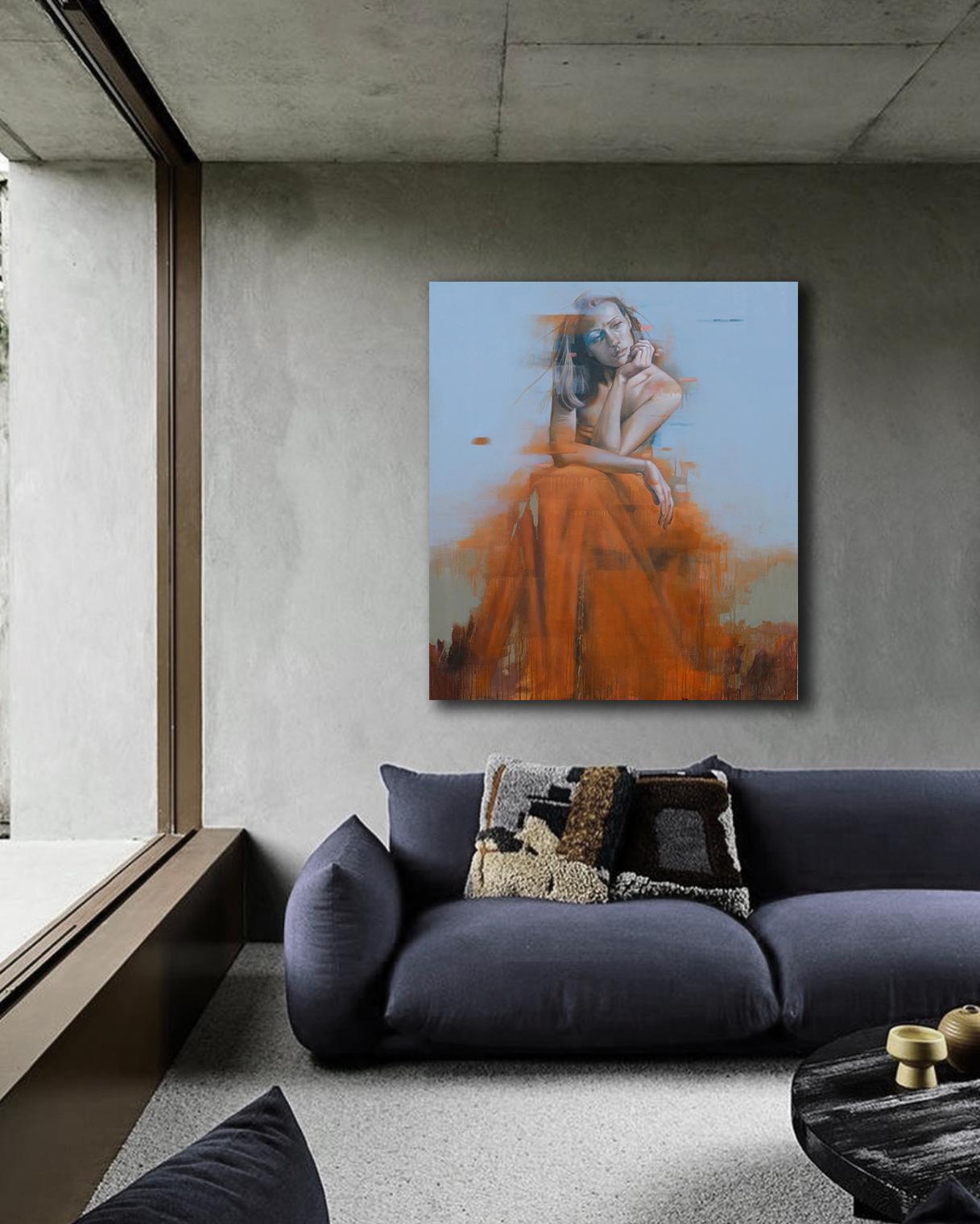 Brezza d'autunno II, pittura ad olio figurativa, donna in abito rosso arancione - Painting di Al Saralis