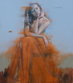 Brisa de otoño II, Óleo figurativo, mujer con vestido rojo anaranjado
