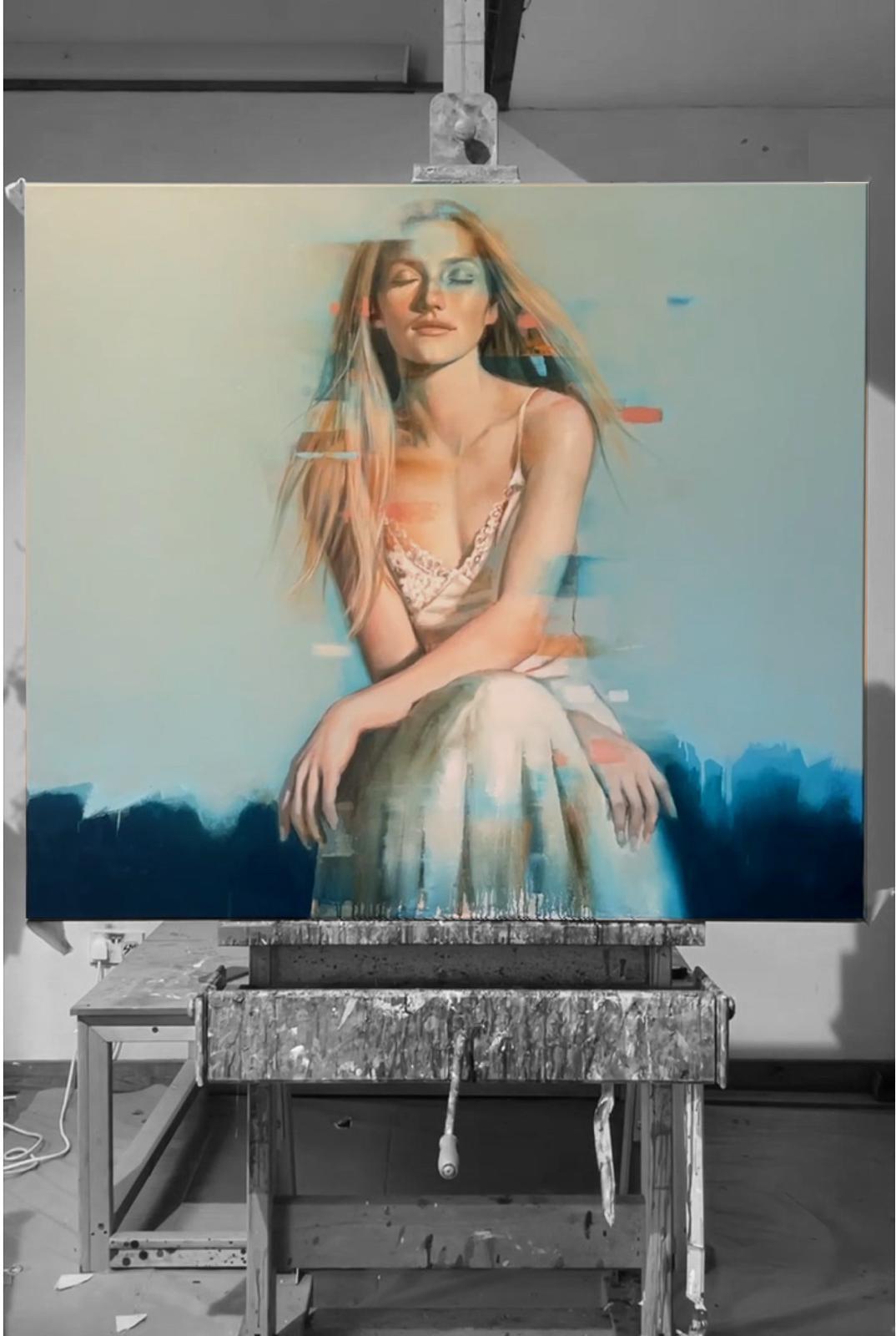 Introspect - Oil painting of beautiful blonde girl, blue background – Painting von Al Saralis