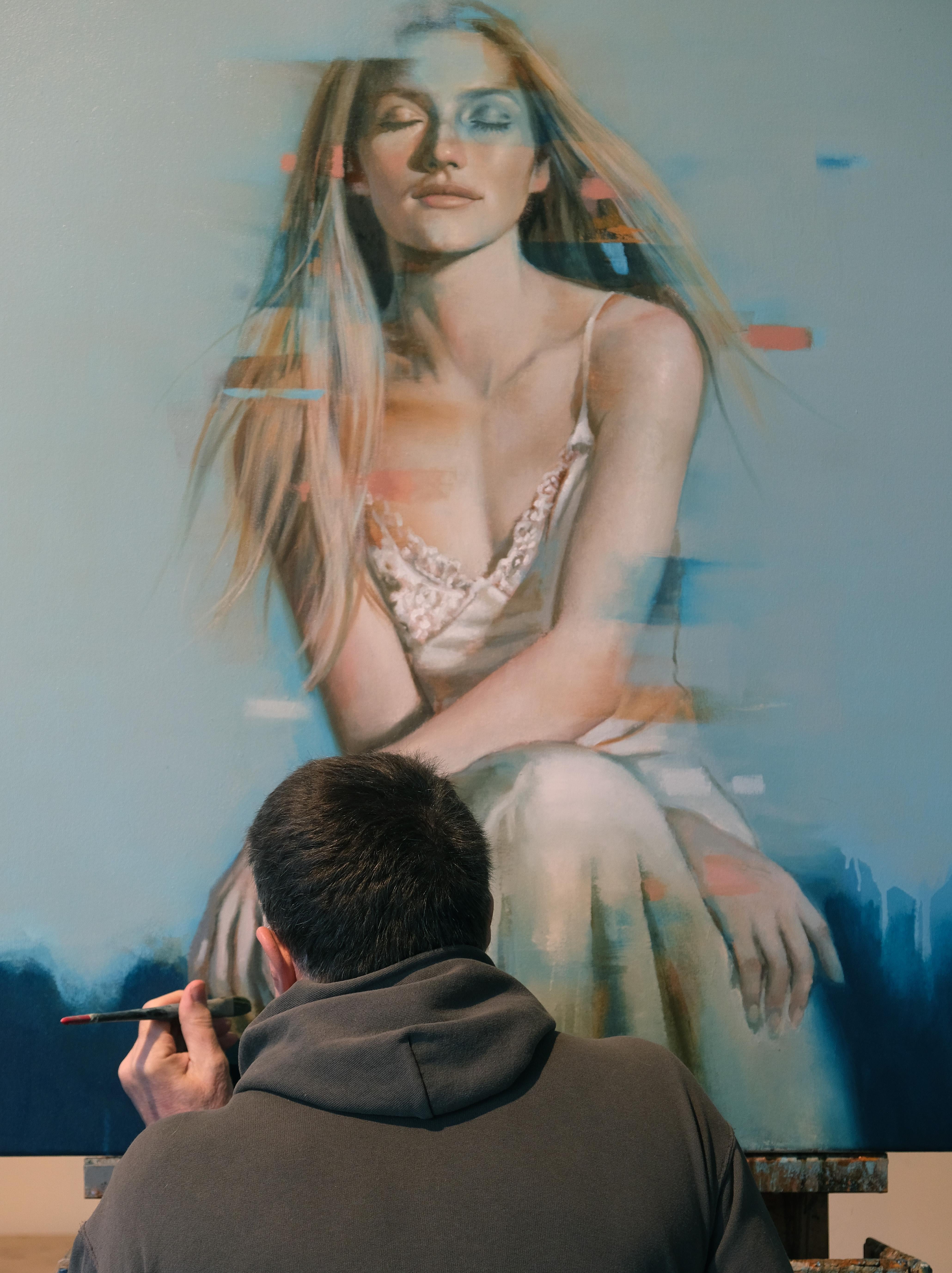 Introspect - Oil painting of beautiful blonde girl, blue background (Realismus), Painting, von Al Saralis