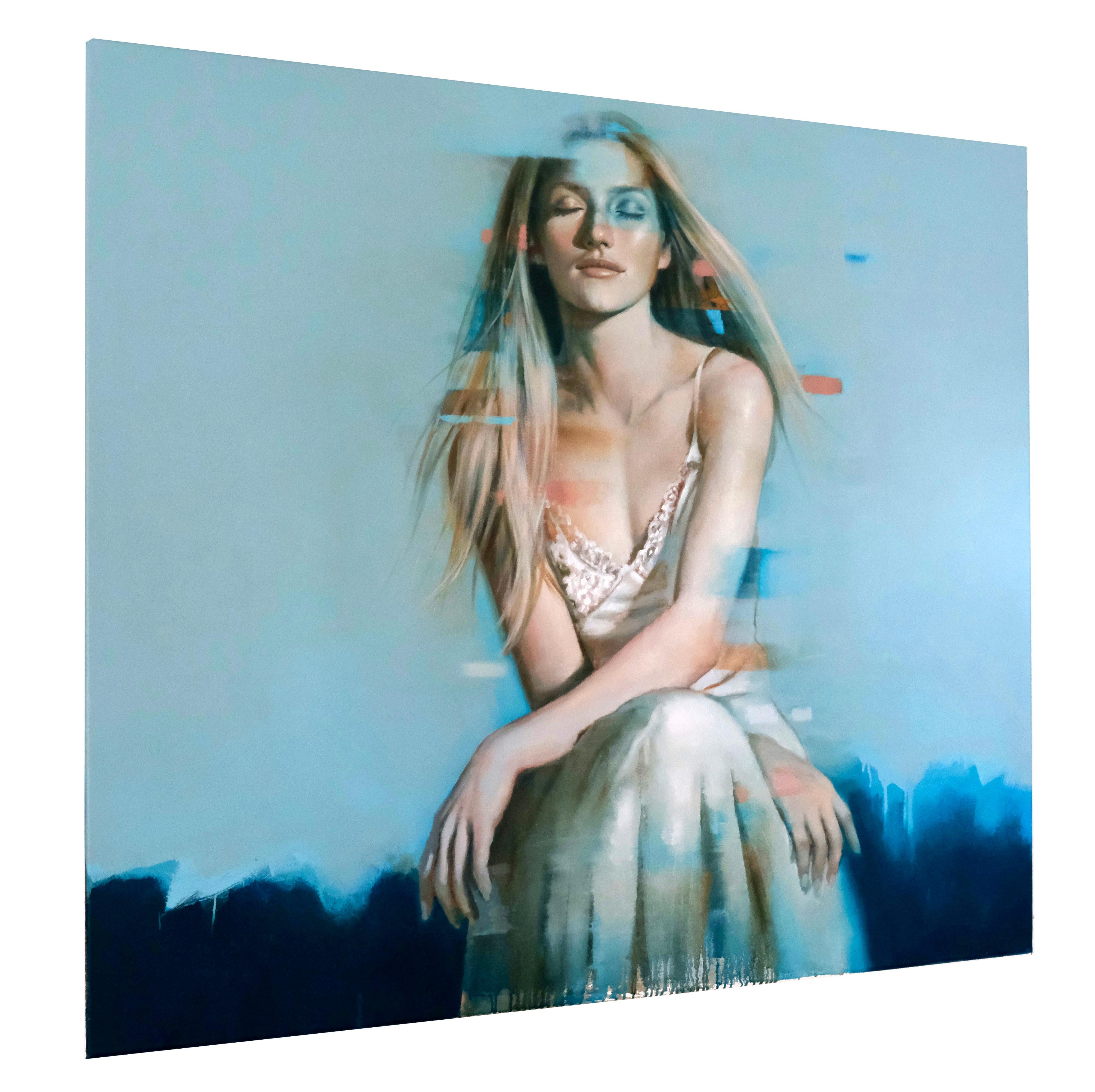 Introspect - Oil painting of beautiful blonde girl, blue background - Réalisme Painting par Al Saralis