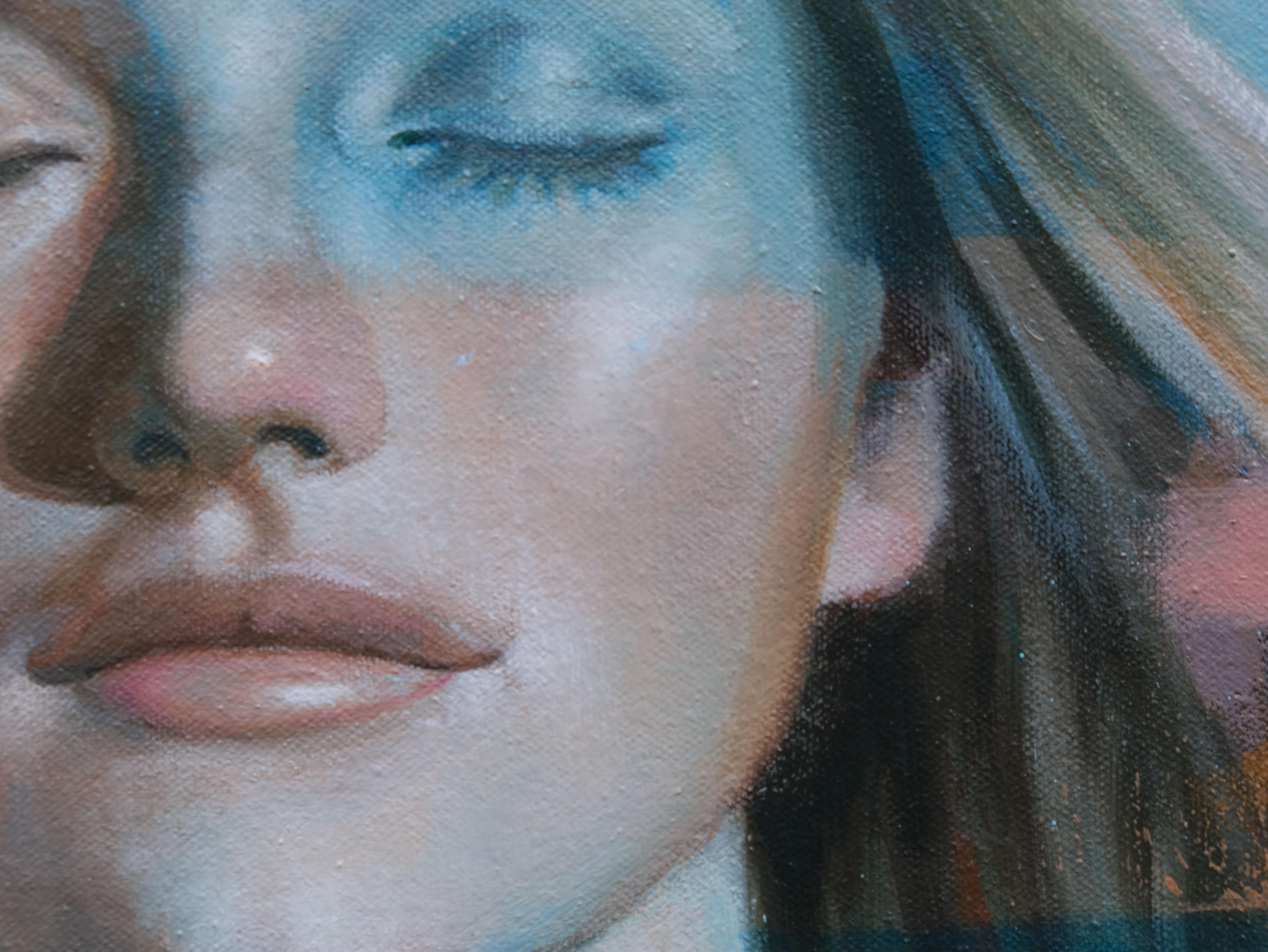 Introspect - Oil painting of beautiful blonde girl, blue background (Grau), Figurative Painting, von Al Saralis