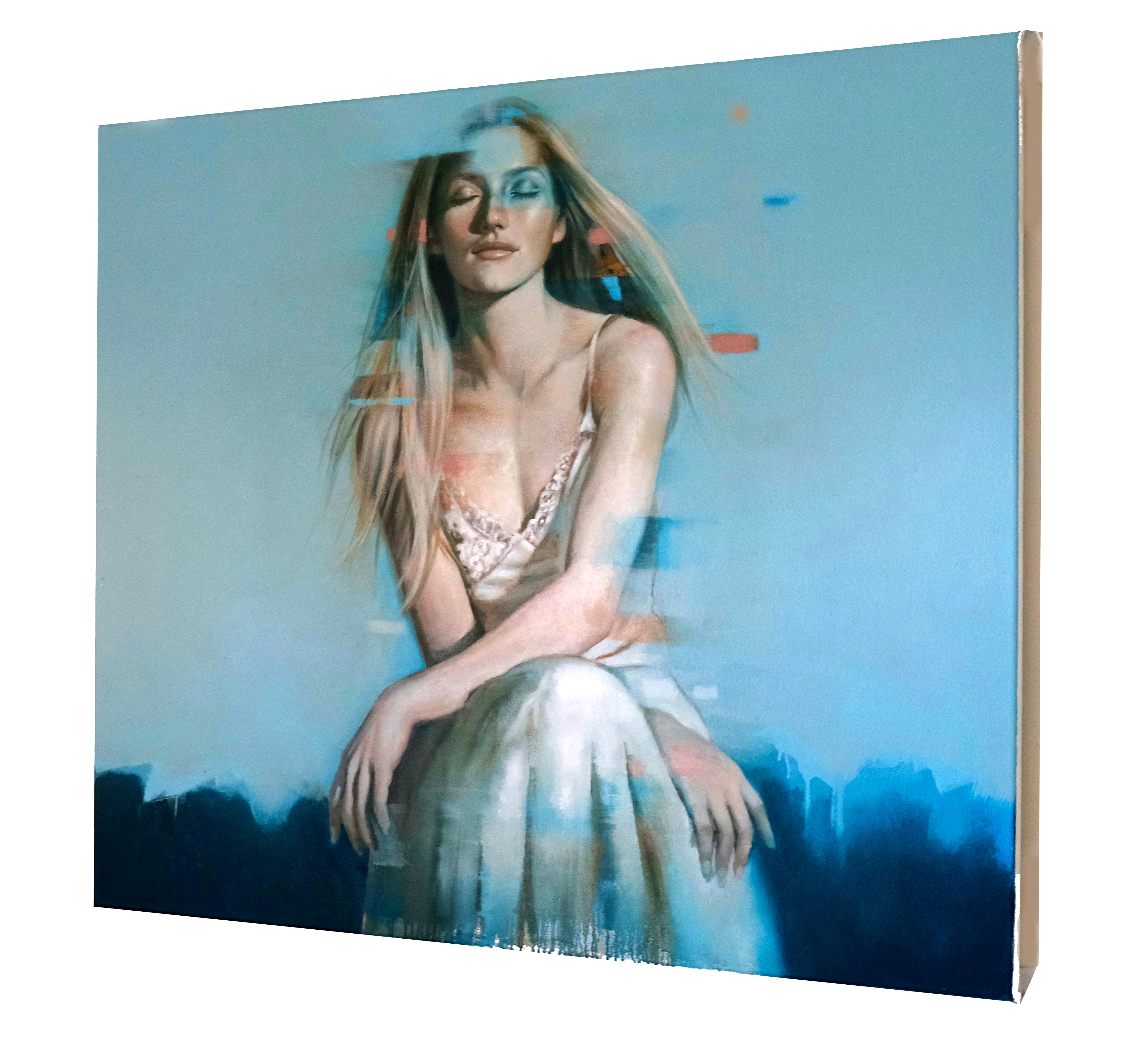 Introspect - Oil painting of beautiful blonde girl, blue background - Gris Figurative Painting par Al Saralis