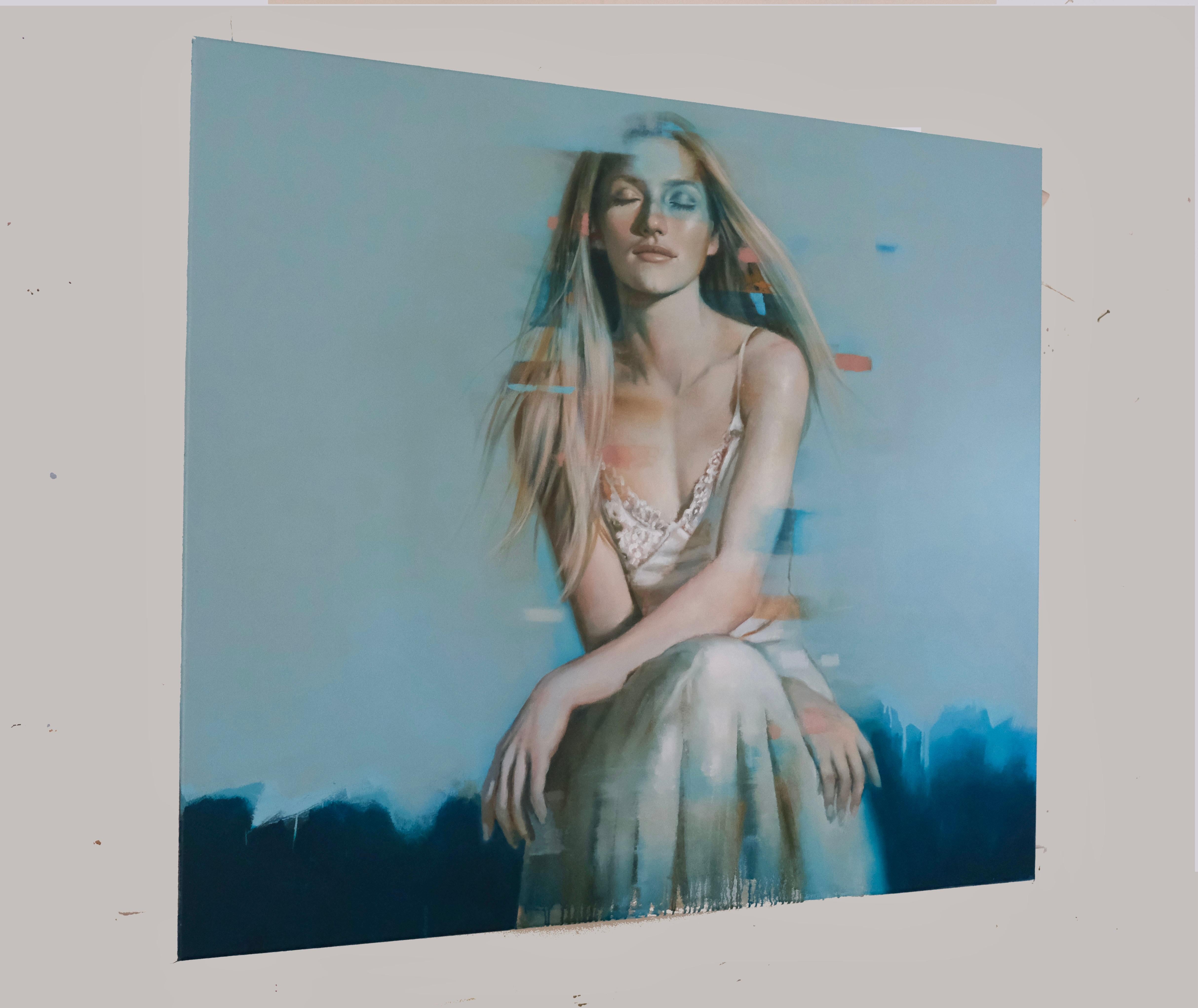 Oil on Canvas  47.2 x 39.4 inches (120 x 100 cm)

A luminous blonde woman gazes downward, partially turned inwards against a striking blue background—this is “Introspect”, a powerful figurative painting by British artist Al Saralis. Her