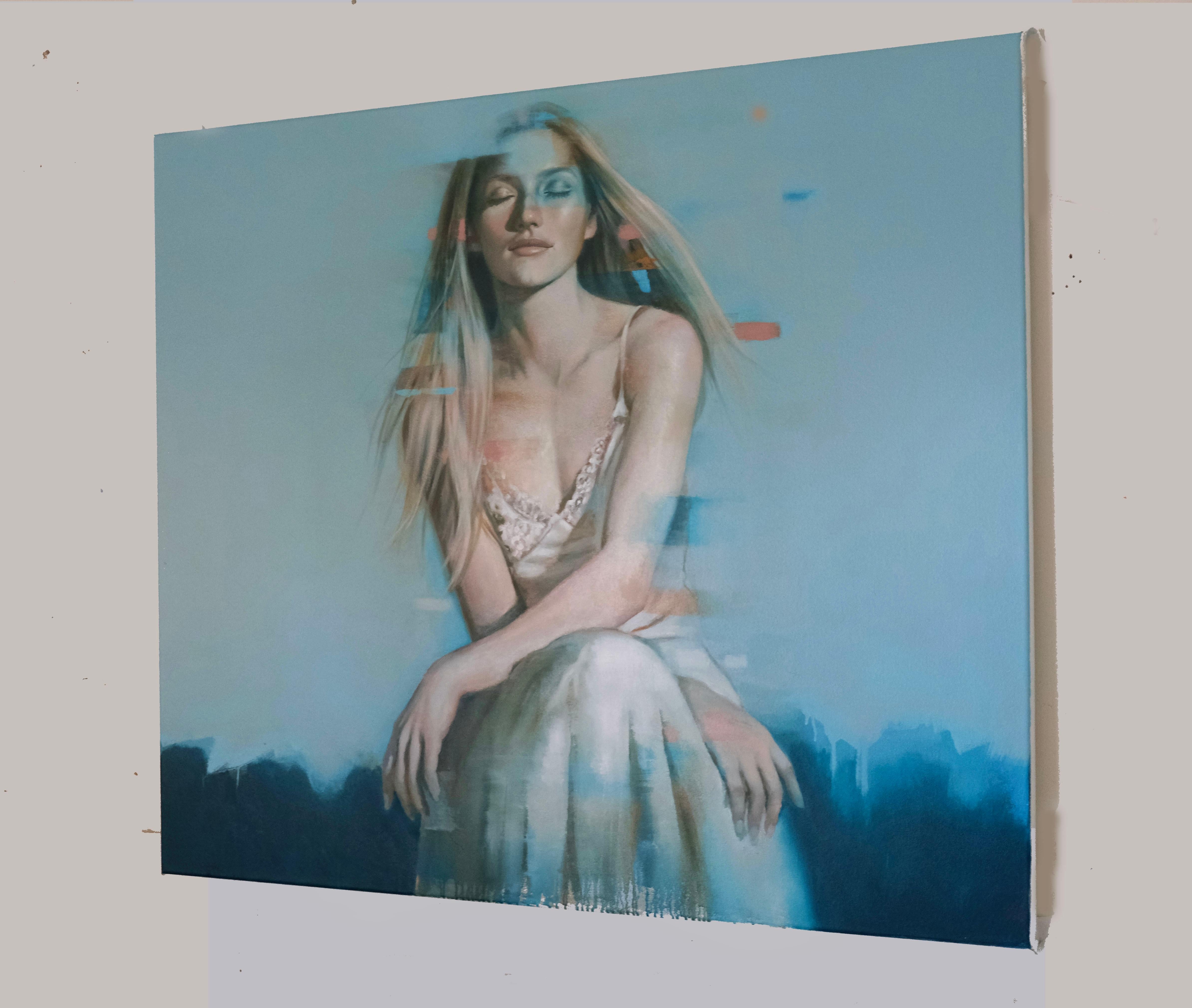 Introspect - Oil painting of beautiful blonde girl, blue background im Angebot 2