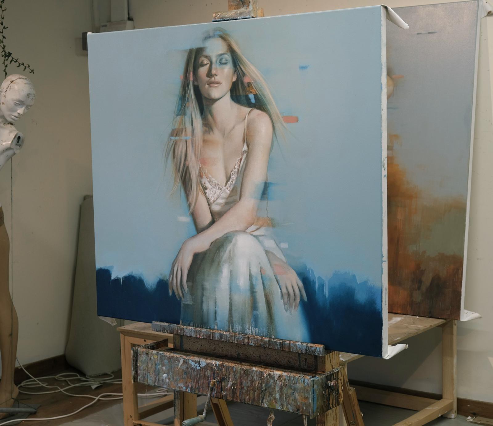 Introspect - Oil painting of beautiful blonde girl, blue background im Angebot 3