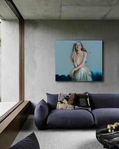 Introspect - Oil painting of beautiful blonde girl, blue background