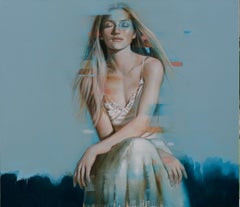 Introspect - Oil painting of beautiful blonde girl, blue background