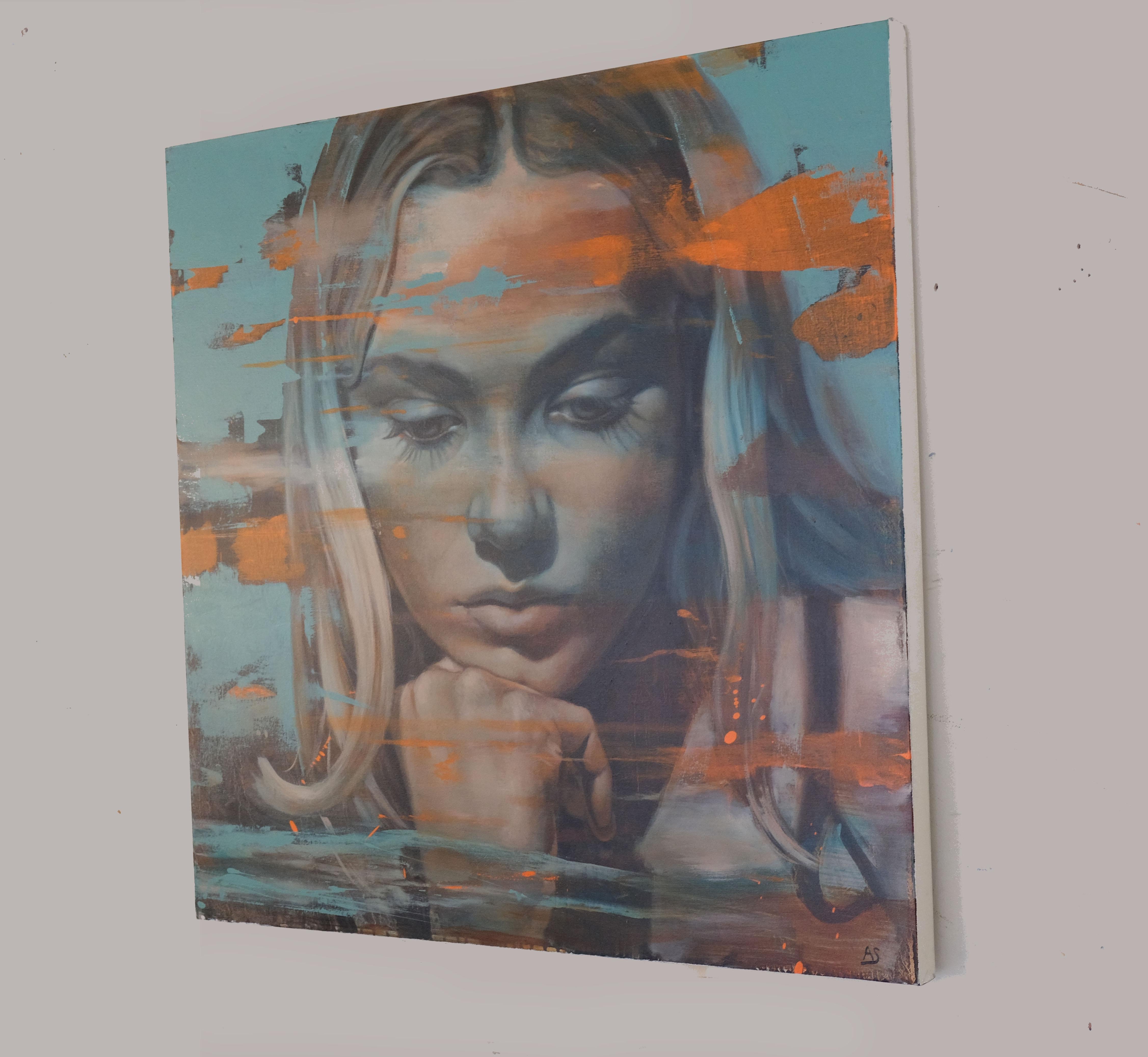 Momento 3, Emily - Ölgemälde von weiblichen Porträt, abstrakte bunte Hintergrund (Realismus), Painting, von Al Saralis