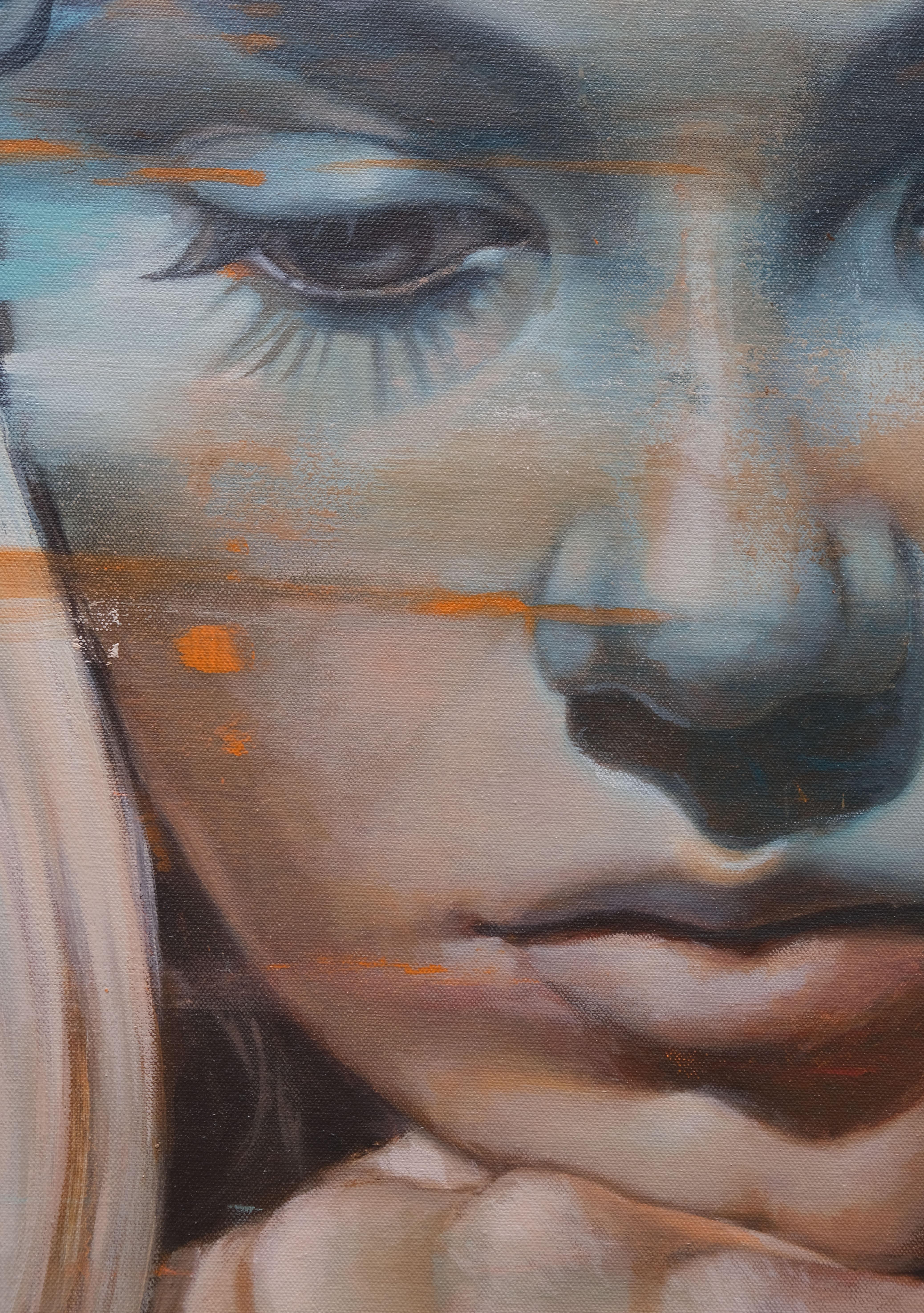 Momento 3, Emily - Ölgemälde von weiblichen Porträt, abstrakte bunte Hintergrund (Grau), Figurative Painting, von Al Saralis