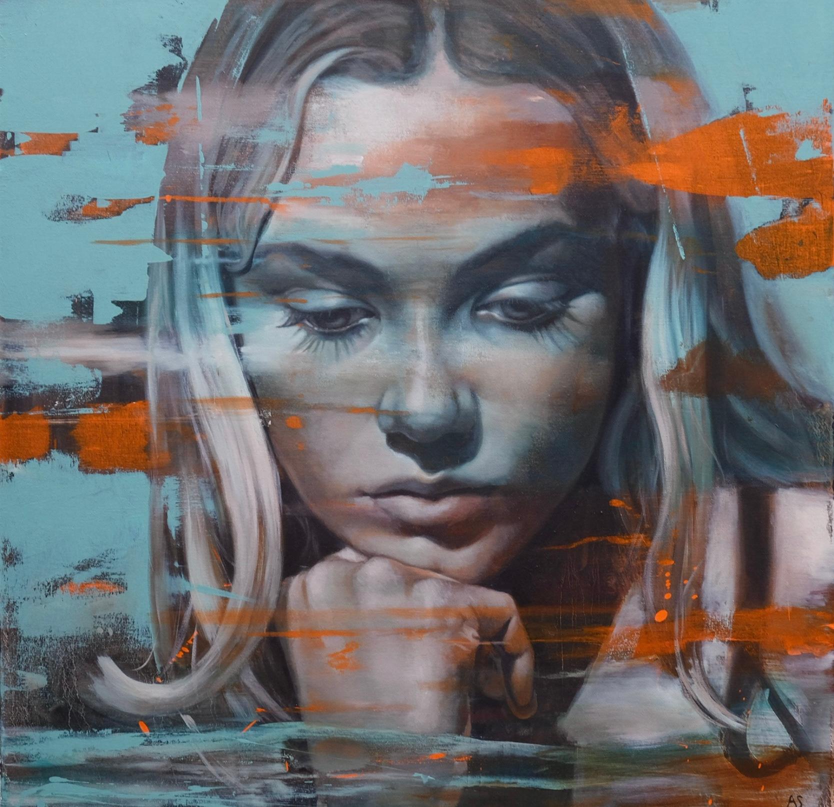 Al Saralis Figurative Painting – Momento 3, Emily - Ölgemälde von weiblichen Porträt, abstrakte bunte Hintergrund