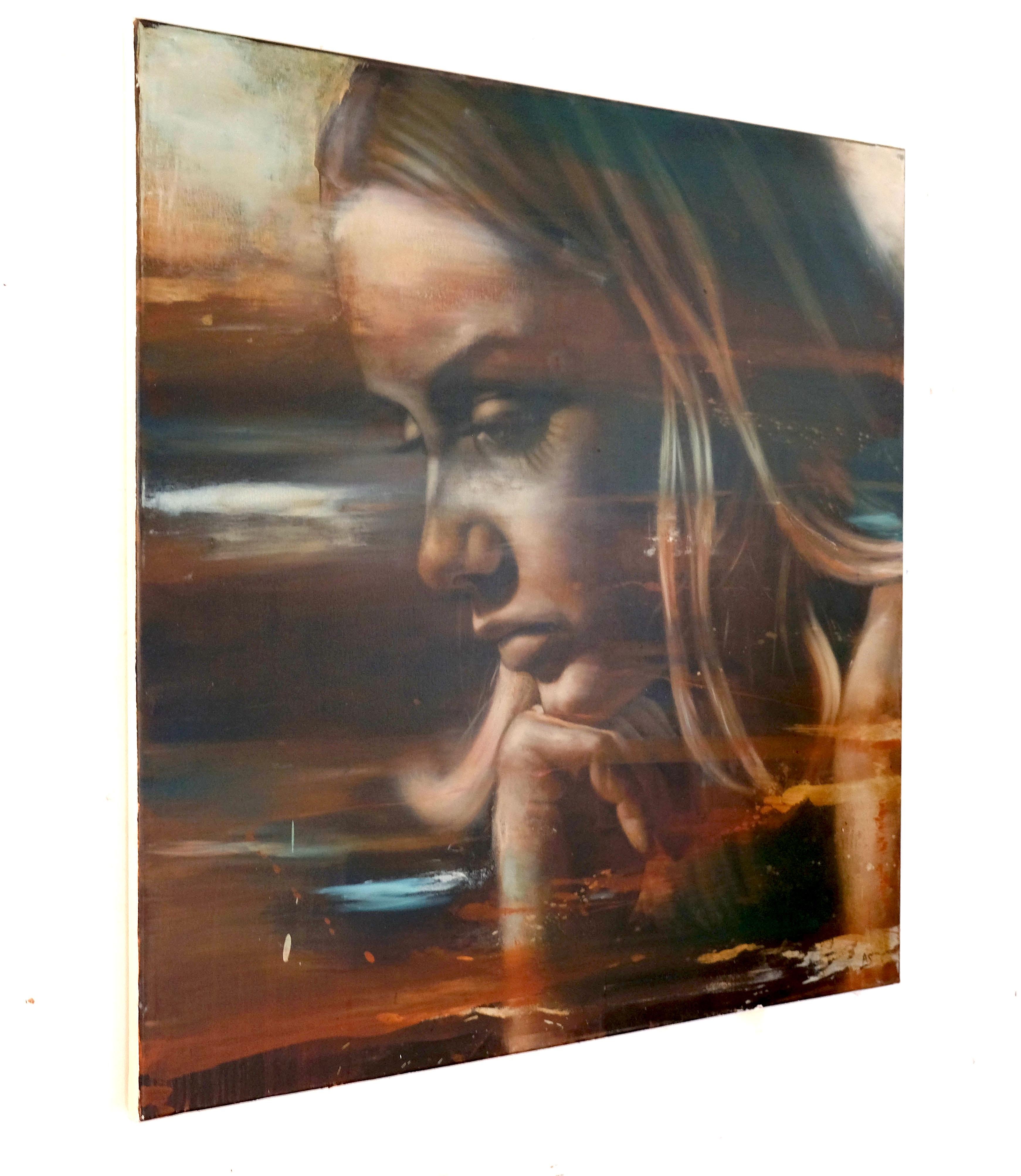 Momento II, Emily: Realistic Portrait Blended with Abstract Color Streaks - Painting by Al Saralis