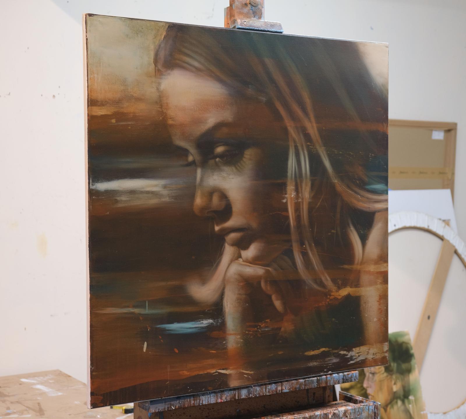 Momento II, Emily: Realistic Portrait Blended with Abstract Color Streaks - Black Portrait Painting by Al Saralis