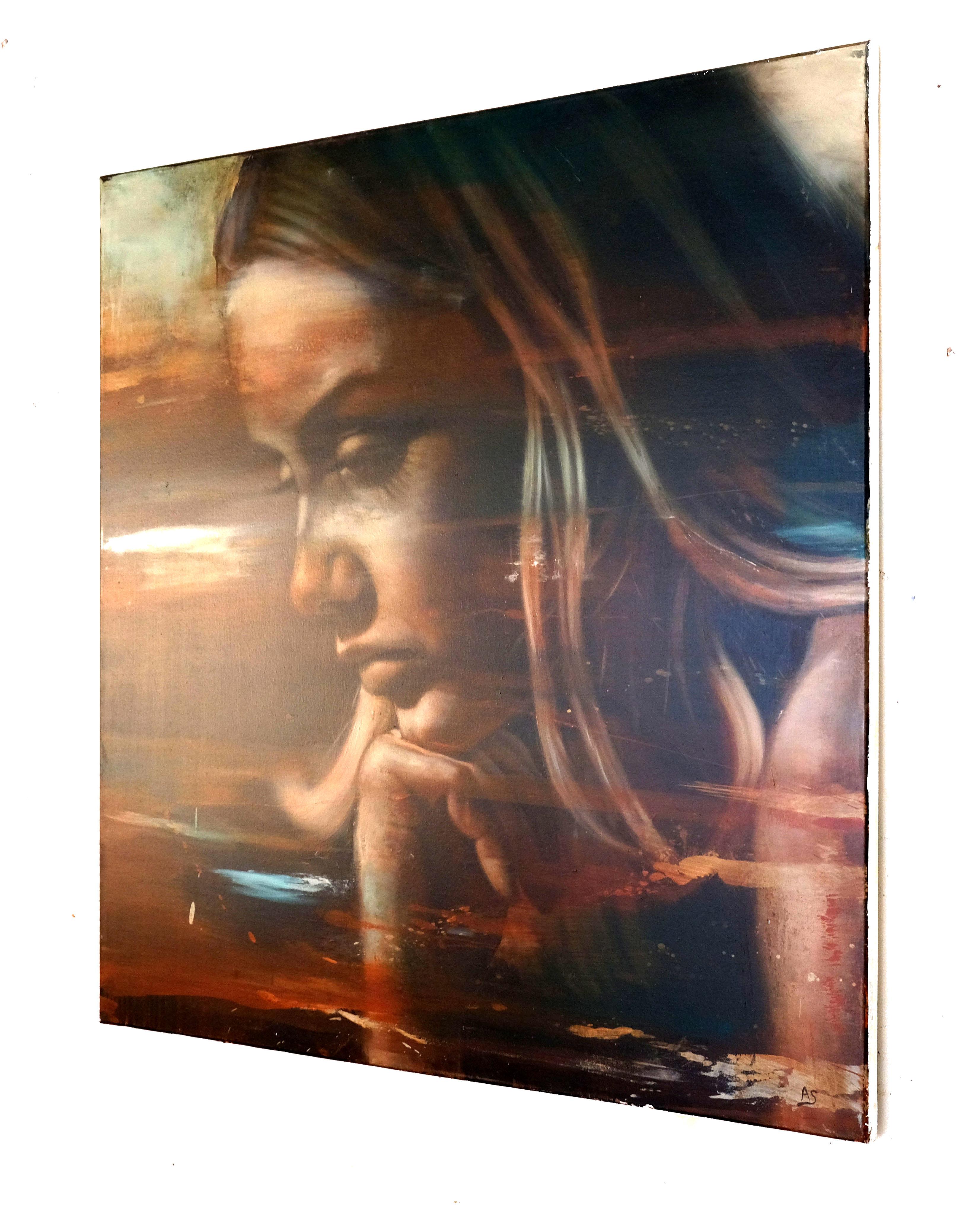 Momento II, Emily
Oil on Canvas 
39 x 39 x 1.5 inches / 100 x 100 x 4 cm

Momento II, Emily is an intimate and cinematic portrait by Al Saralis, capturing a suspended moment of deep inward reflection. Rendered with exquisite realism, Emily’s face is