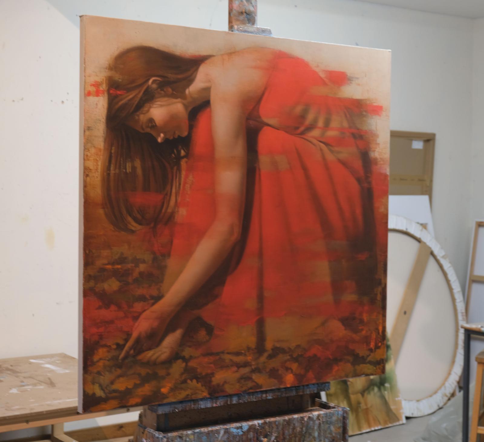 Nothing Gold Can Stay 11, Ölgemälde, Porträt einer Frau in rotem Kleid – Painting von Al Saralis