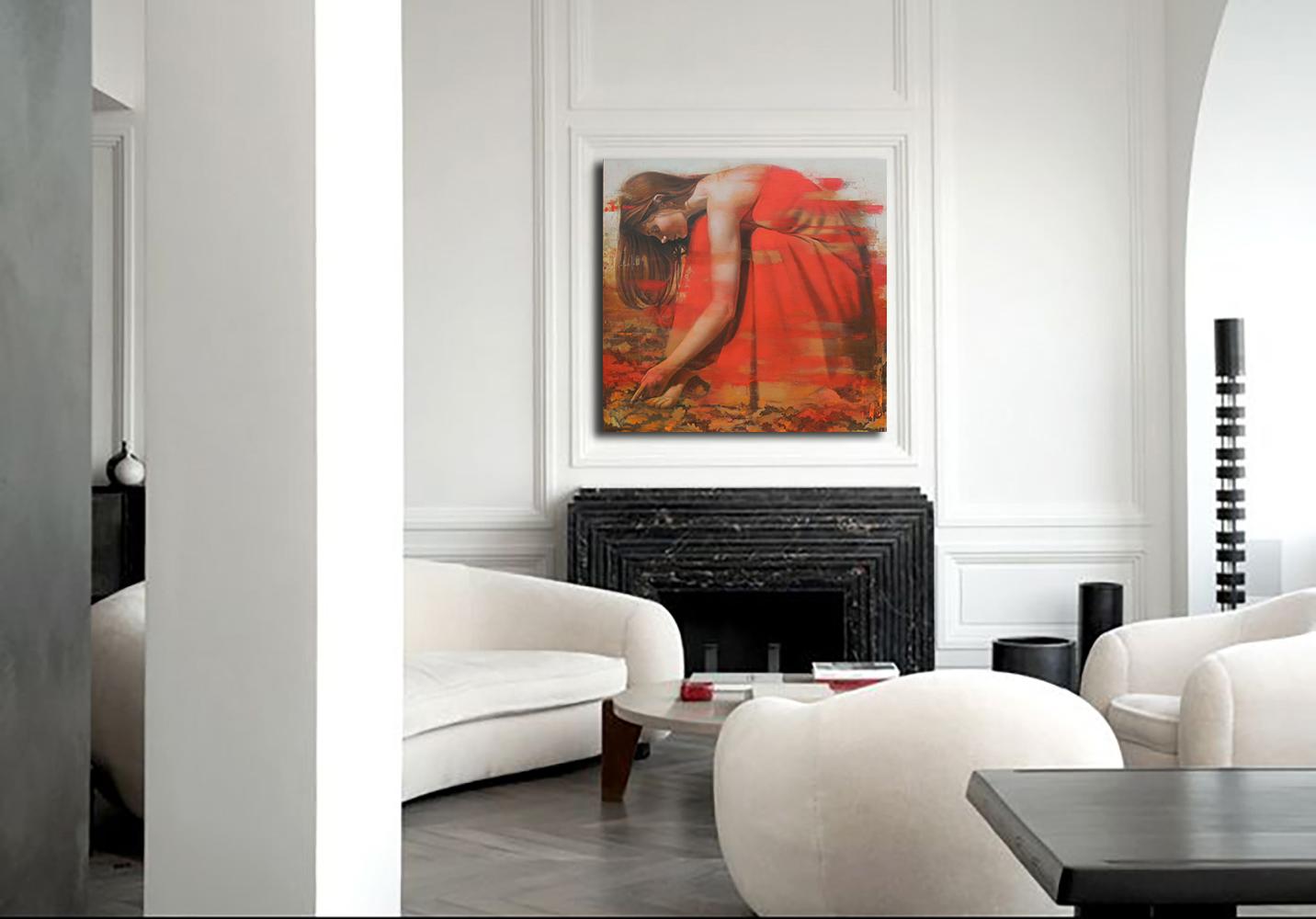 Rien d'or ne peut rester 11, peinture à l'huile, portrait de femme en robe rouge - Painting de Al Saralis
