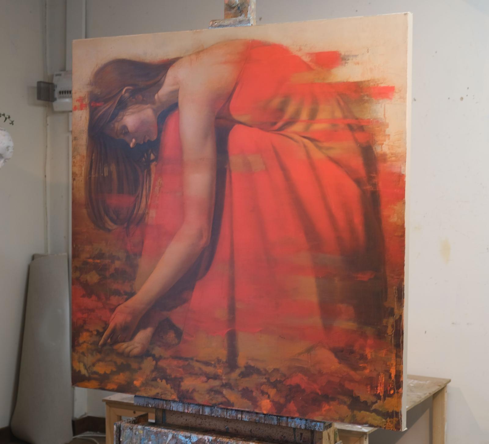 Nothing Gold Can Stay 11, Ölgemälde, Porträt einer Frau in rotem Kleid (Realismus), Painting, von Al Saralis