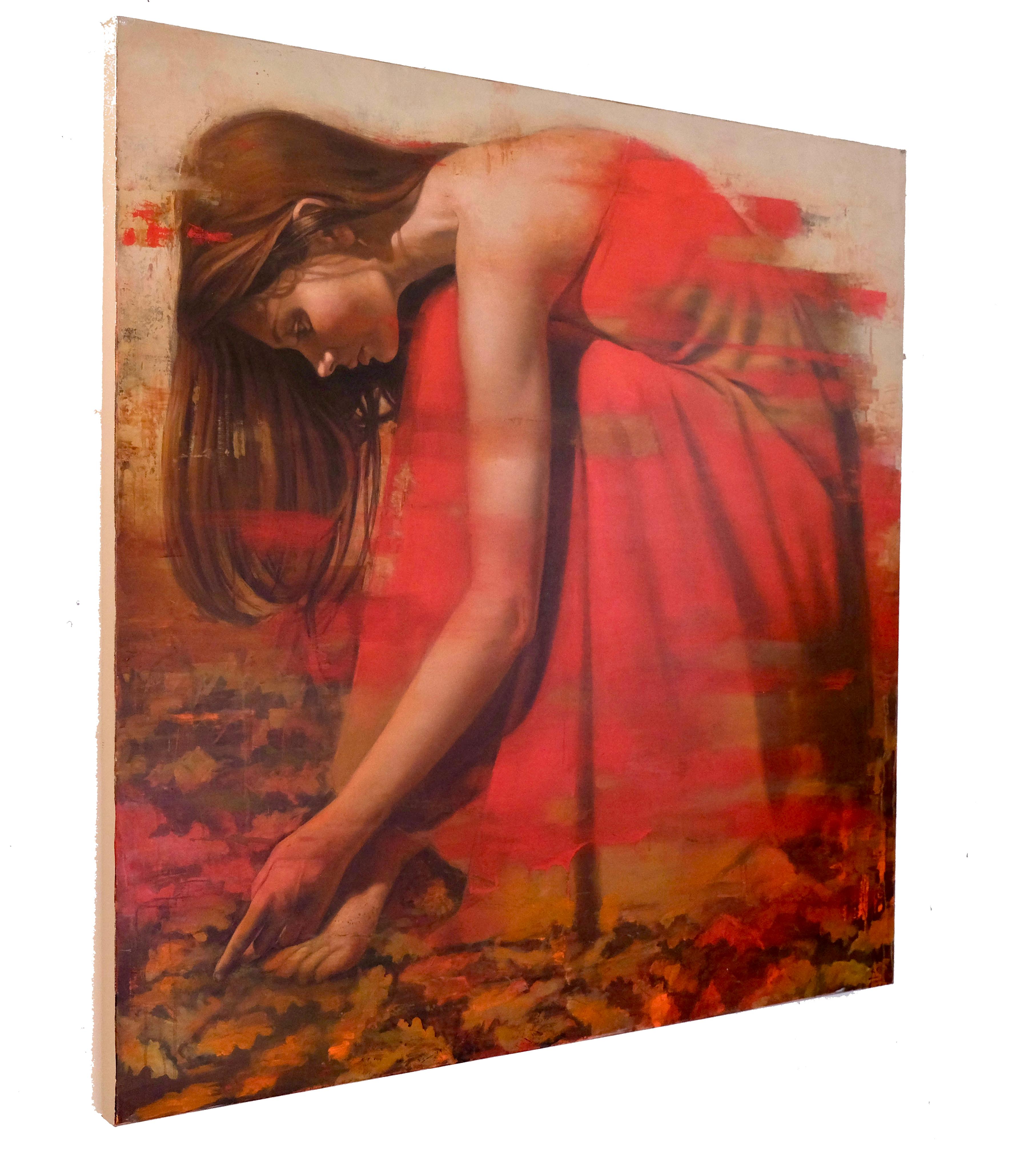 Nothing Gold Can Stay 11, Pittura a olio, ritratto di donna in abito rosso - Painting Realismo di Al Saralis