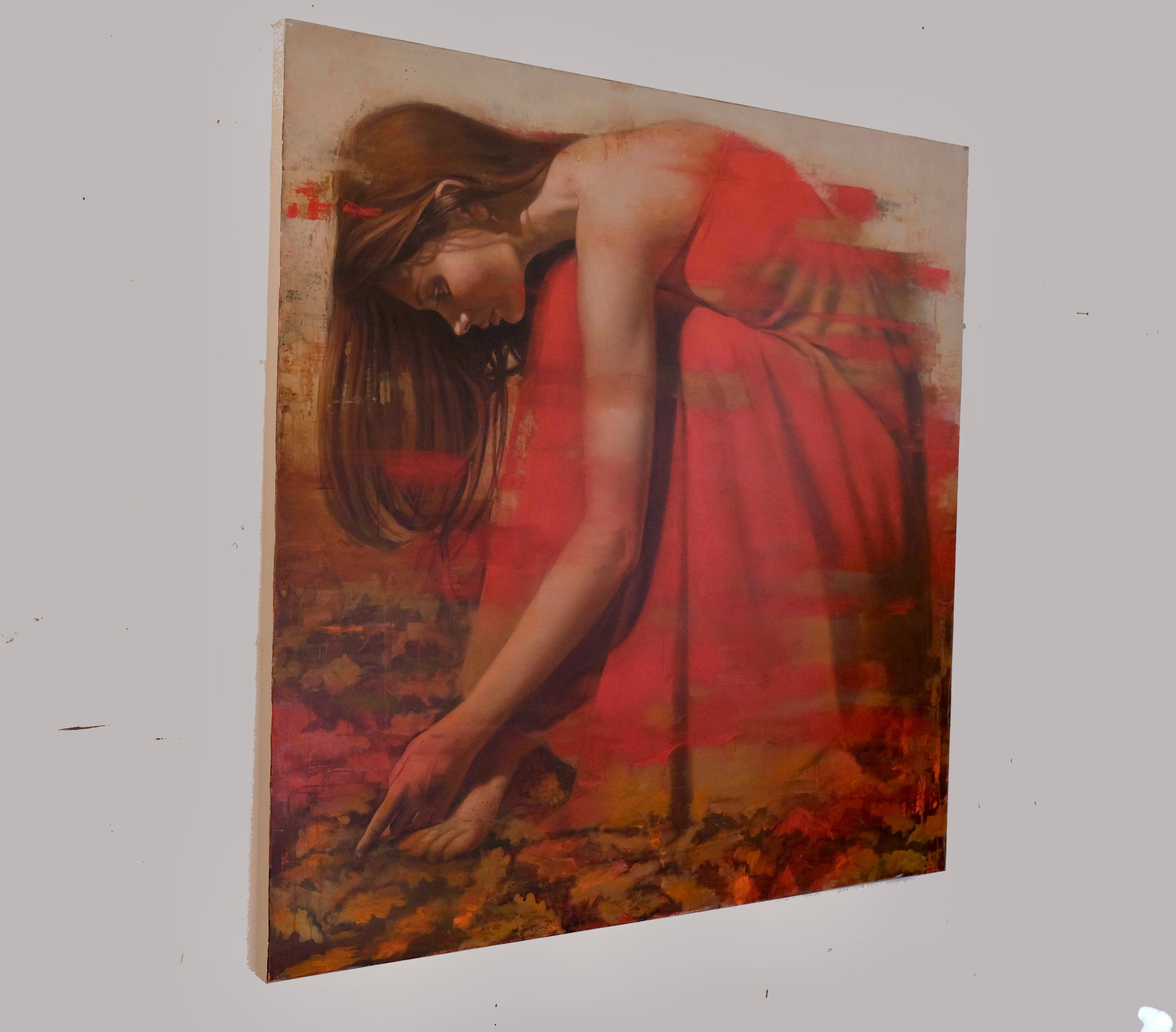 Nothing Gold Can Stay 11, Ölgemälde, Porträt einer Frau in rotem Kleid (Braun), Figurative Painting, von Al Saralis