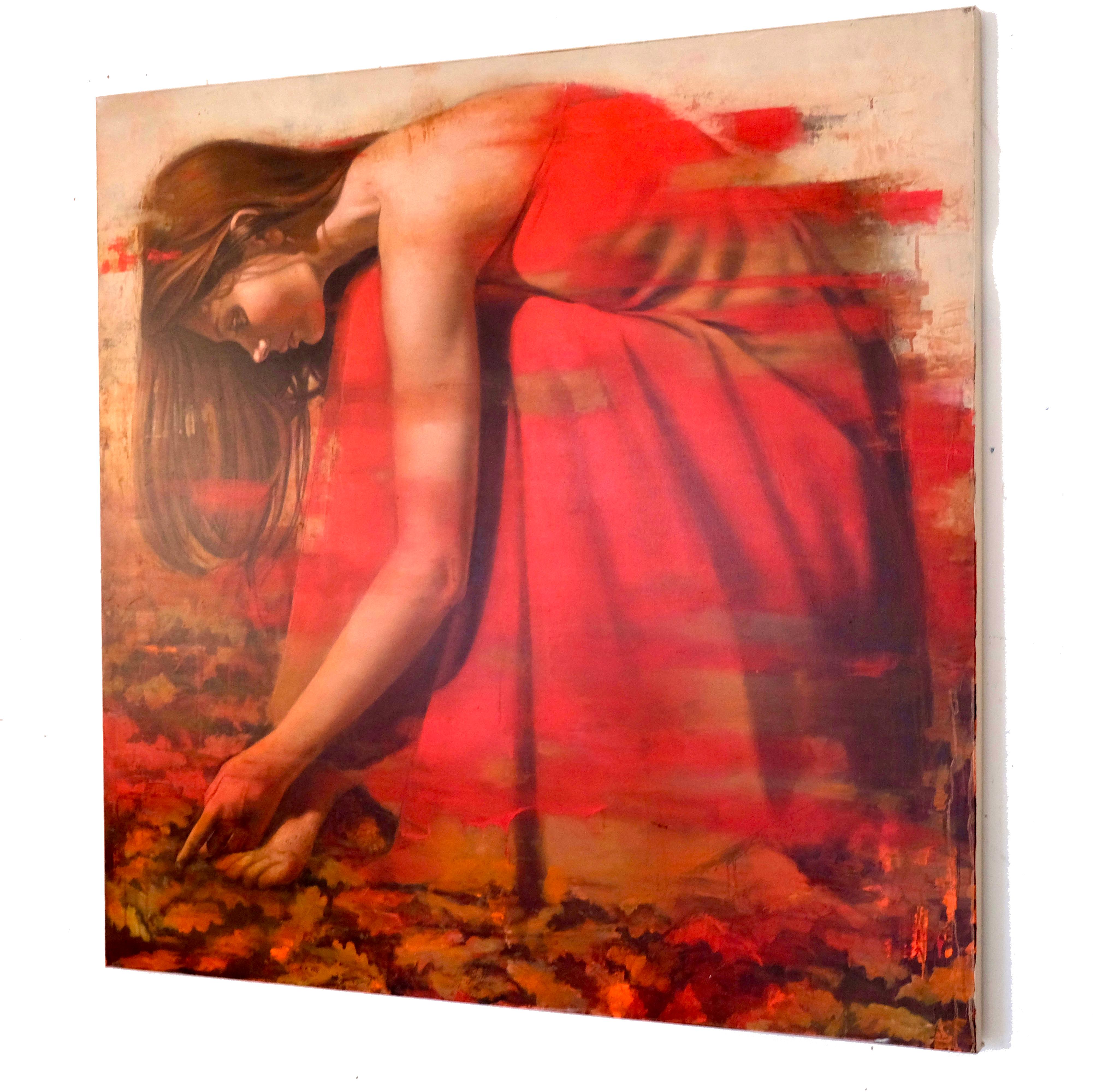 Nothing Gold Can Stay 11, Pittura a olio, ritratto di donna in abito rosso - Figurative Painting Marrone di Al Saralis