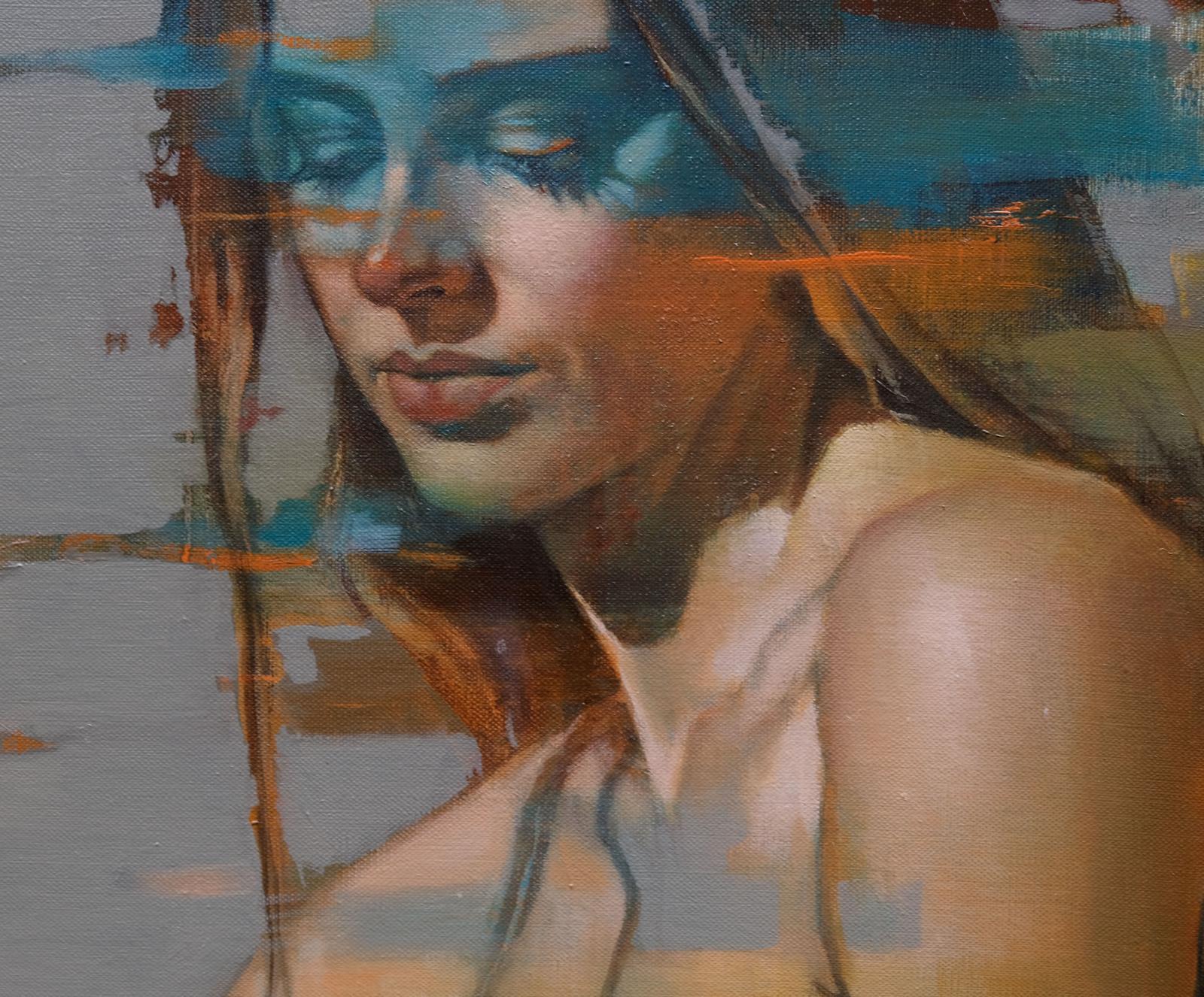 Nothing Gold Can Stay 5, Oil painting, portrait of woman - Painting by Al Saralis