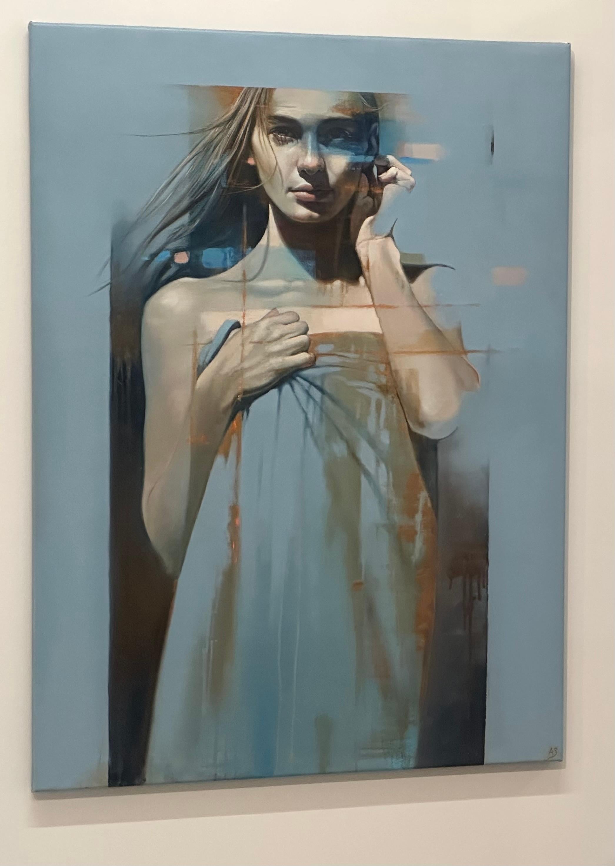 Brisa de verano - Pintura contemporánea de figuras del siglo XXI - Figurative Painting Azul de Al Saralis