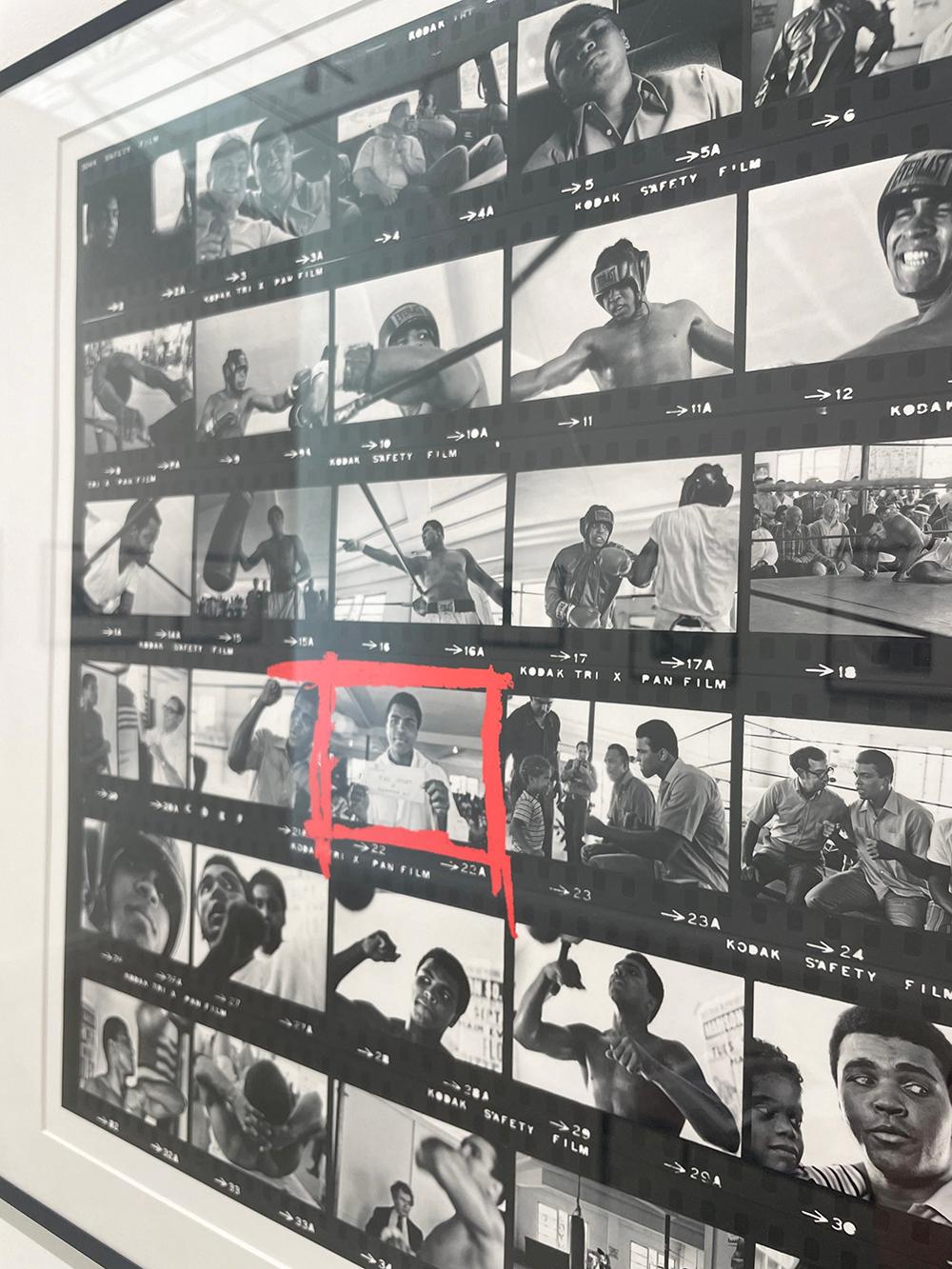 Muhammad Ali / 5th Street Gym - Miami Beach von Al Satterwhite ist ein schwarz-weißer Kontaktabzug eines Fotoshootings mit dem berühmten Boxer. Viele ikonische Fotos von Muhammad Ali sind auf diesem Kontaktbogen zu sehen. 

11 x 14