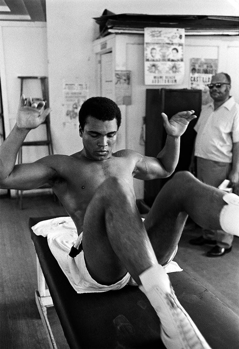 Al Satterwhite Black and White Photograph - Muhammad Ali ( Situps on Bench )