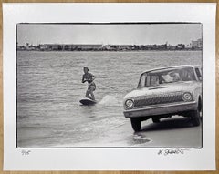 Surfing Florida Style - Black and White Photograph, Car, Beach, Ocean, Teenager