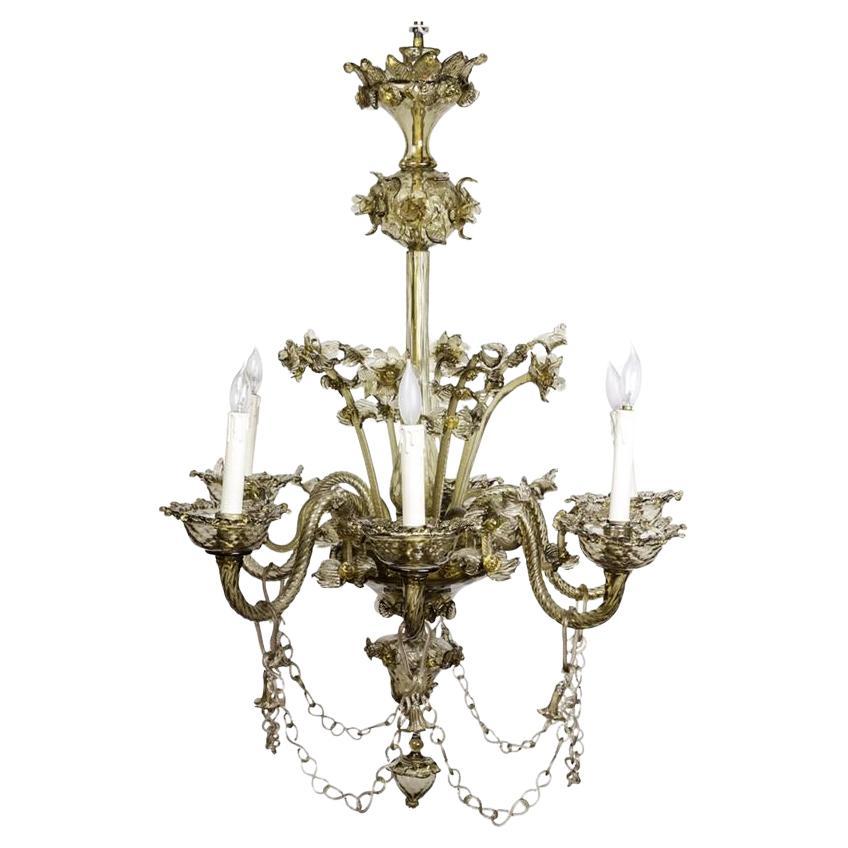 Italian Murano Smoky Amber Blown Glass Six Light Chandelier Early 20th Century