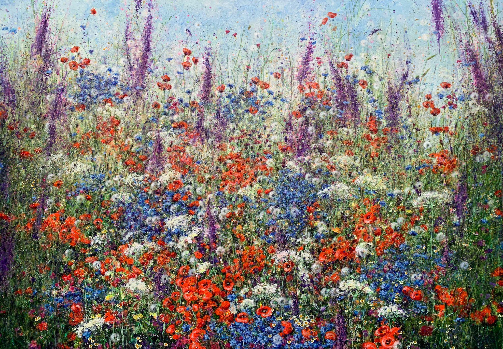 Ala Khonikava Figurative Painting - Happy Summer Acryl Painting on Linen Canvas Flowers Flower Field Nature In Stock