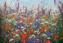 Happy Summer Acryl Painting on Linen Canvas Flowers Flower Field Nature In Stock