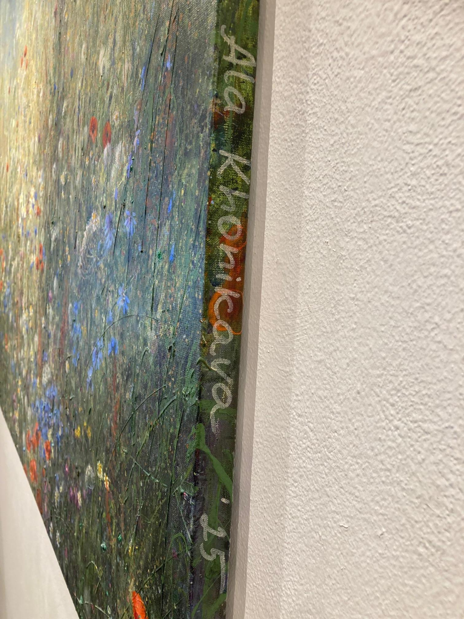 Meadow Fairy Tale Acryl on Linen Canvas Flowers Impressionism Field In Stock - Gray Figurative Painting by Ala Khonikava