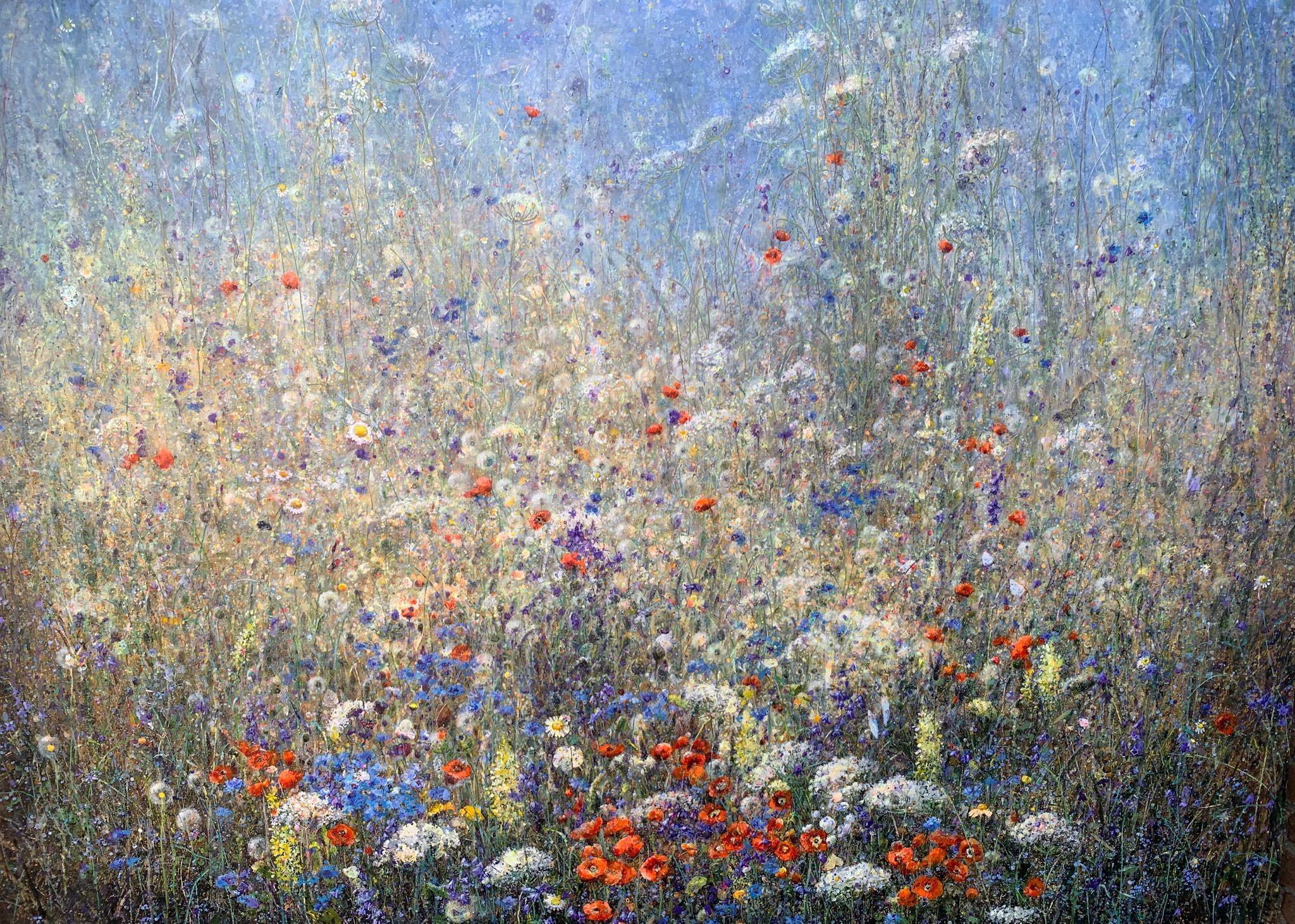 Figurative Painting Ala Khonikava - Morning Meadow Peinture acrylique sur toile Nature Fleurs En stock