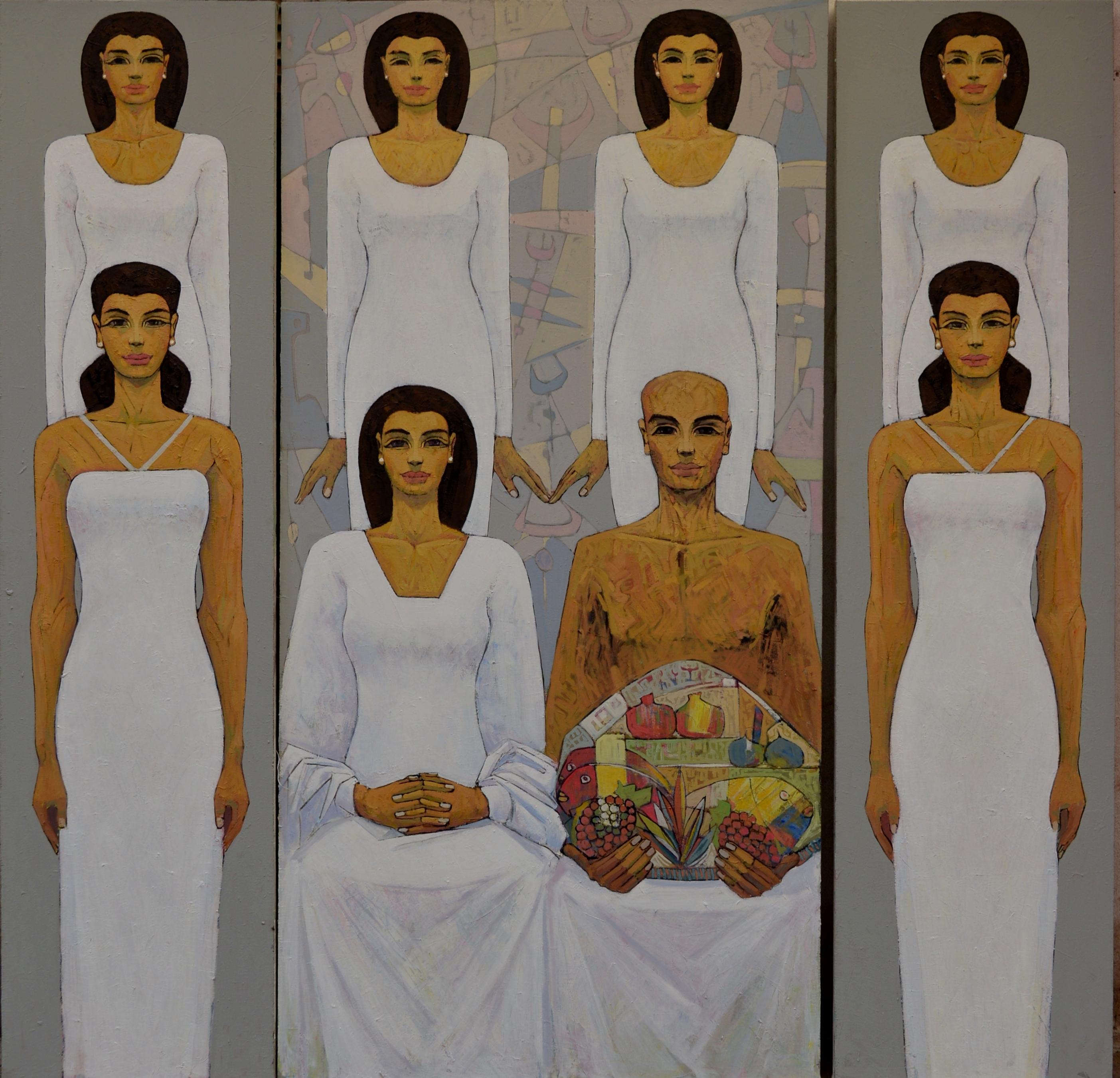 "Untitled 14" Oil painting (triptych) 79 "x 79" inch by Alaa Abu Elhamd

Alaa Abo El-Hamd transports you to the inside of an ancient Egyptian tomb. The artist skillfully manipulates paint, contrasting the ethereal faces with patterned backgrounds.