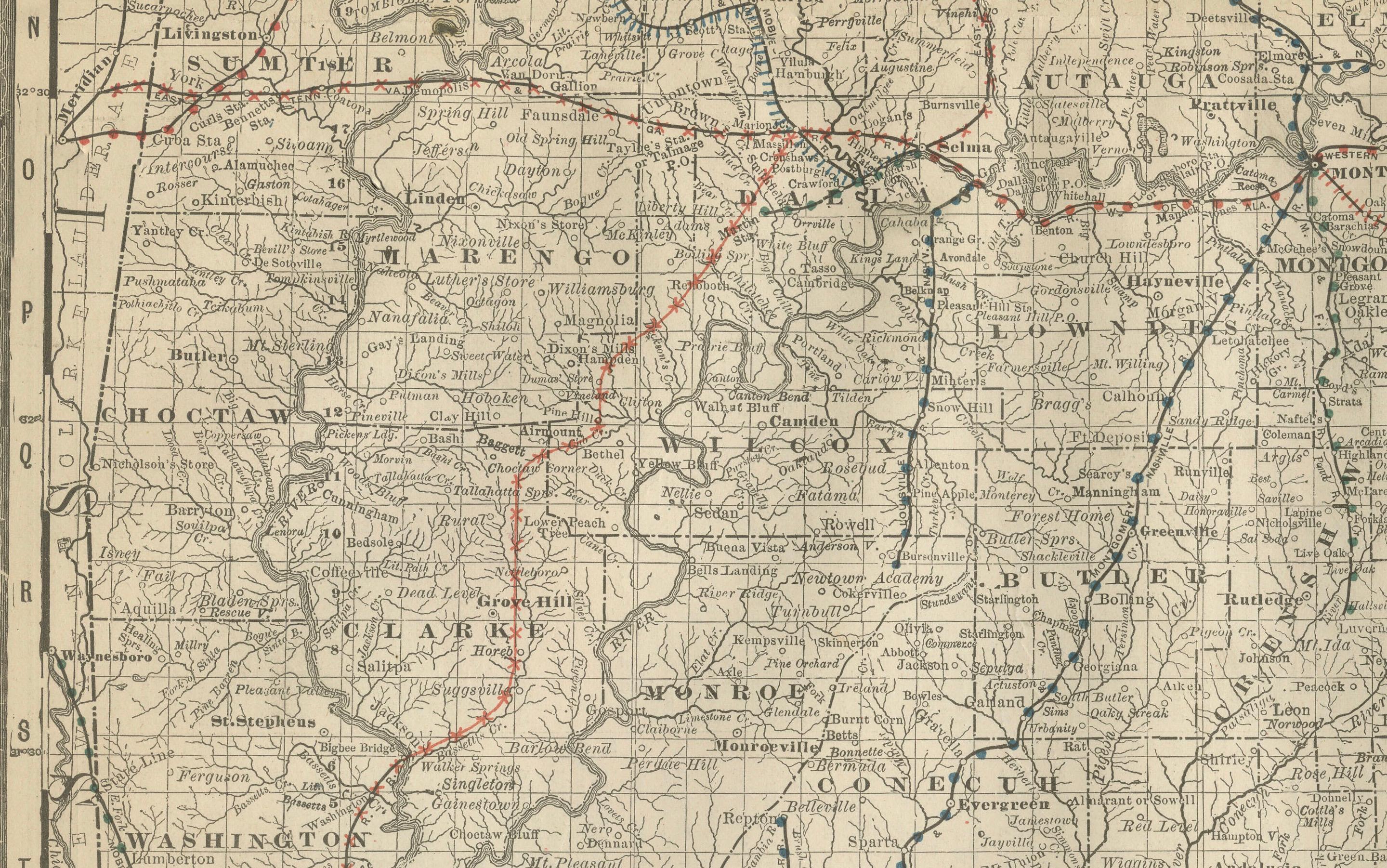 Mappa dell'Alabama 1888 - Litografia antica di Rand McNally

Questa antica mappa dell'Alabama del 1888, pubblicata da Rand, McNally & Co., offre una visione altamente dettagliata dello stato durante un periodo di espansione industriale e di