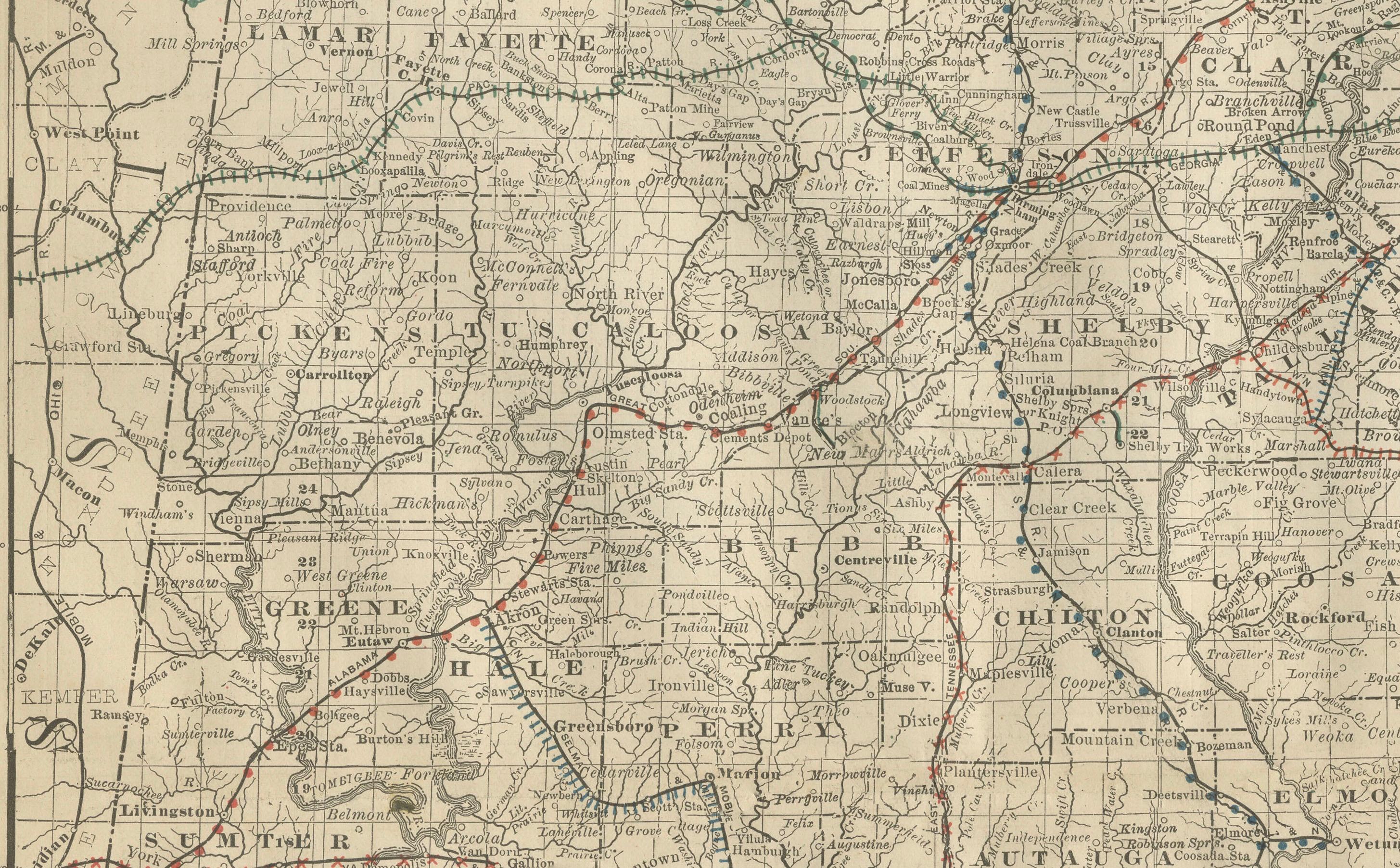 Inciso Mappa antica dell'Alabama 1888 - Il cuore di Dixie, ferrovie e Townes in vendita
