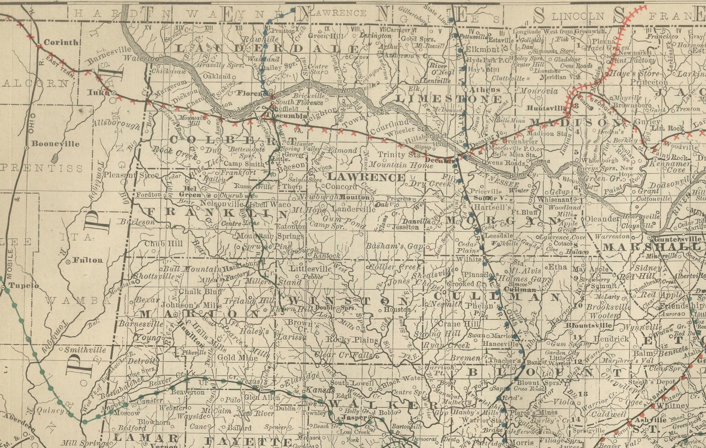 Mappa antica dell'Alabama 1888 - Il cuore di Dixie, ferrovie e Townes In condizioni buone in vendita a Langweer, NL