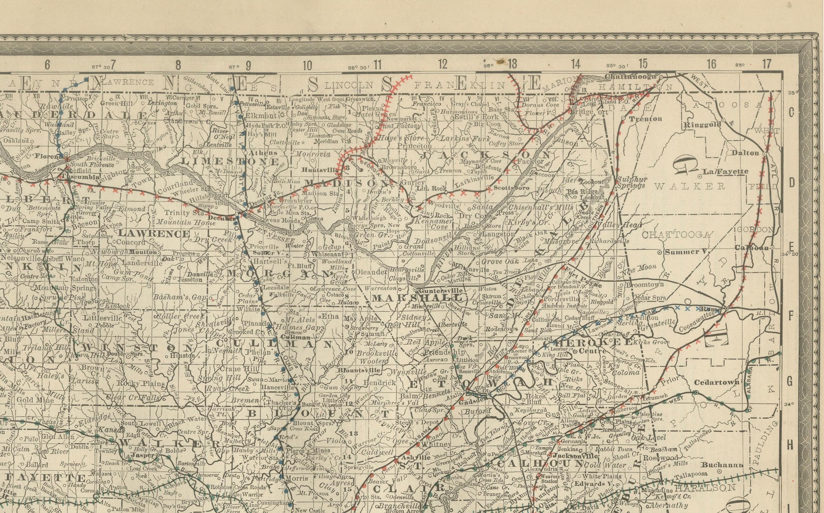 XIX secolo Mappa antica dell'Alabama 1888 - Il cuore di Dixie, ferrovie e Townes in vendita