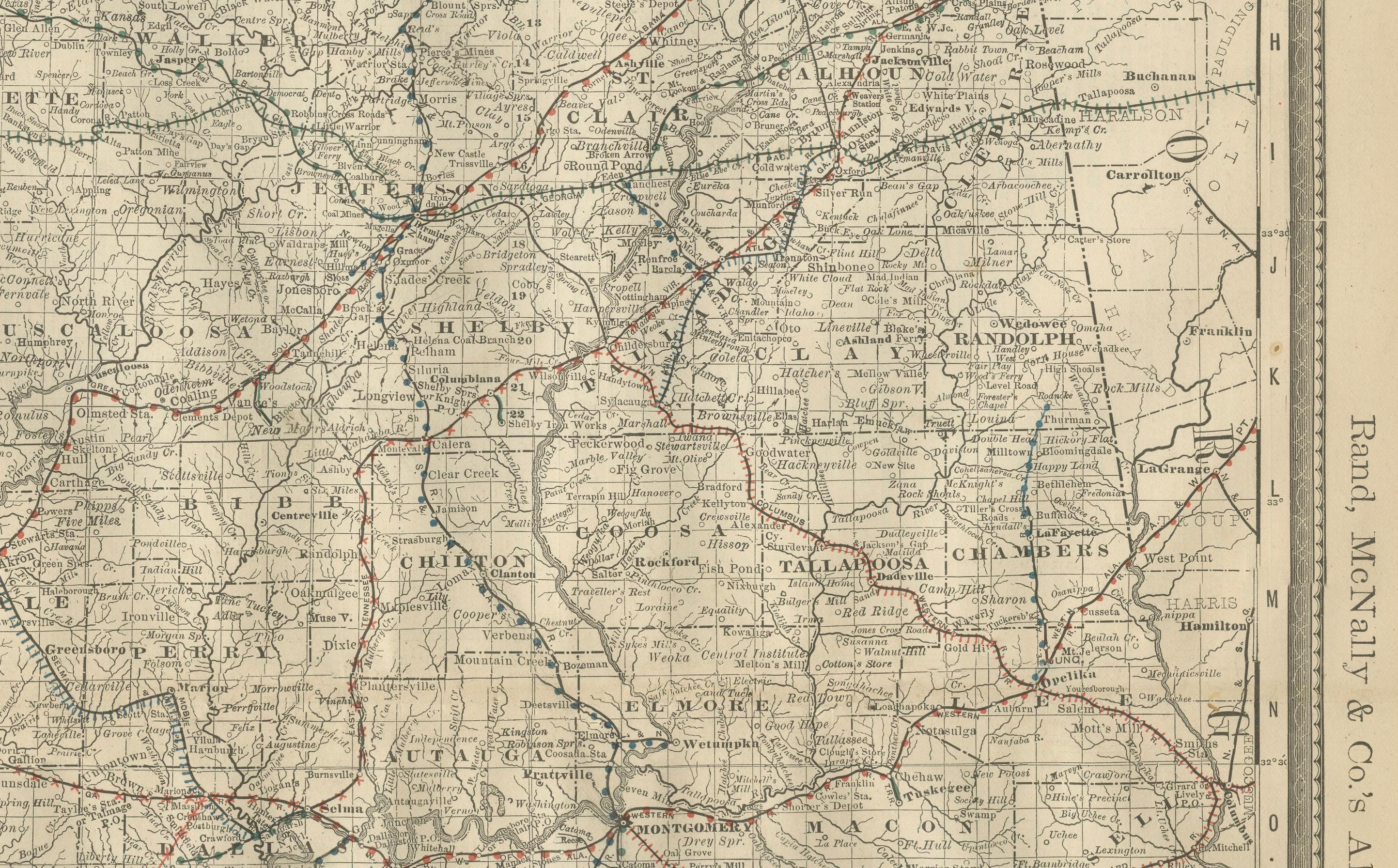 Carta Mappa antica dell'Alabama 1888 - Il cuore di Dixie, ferrovie e Townes in vendita