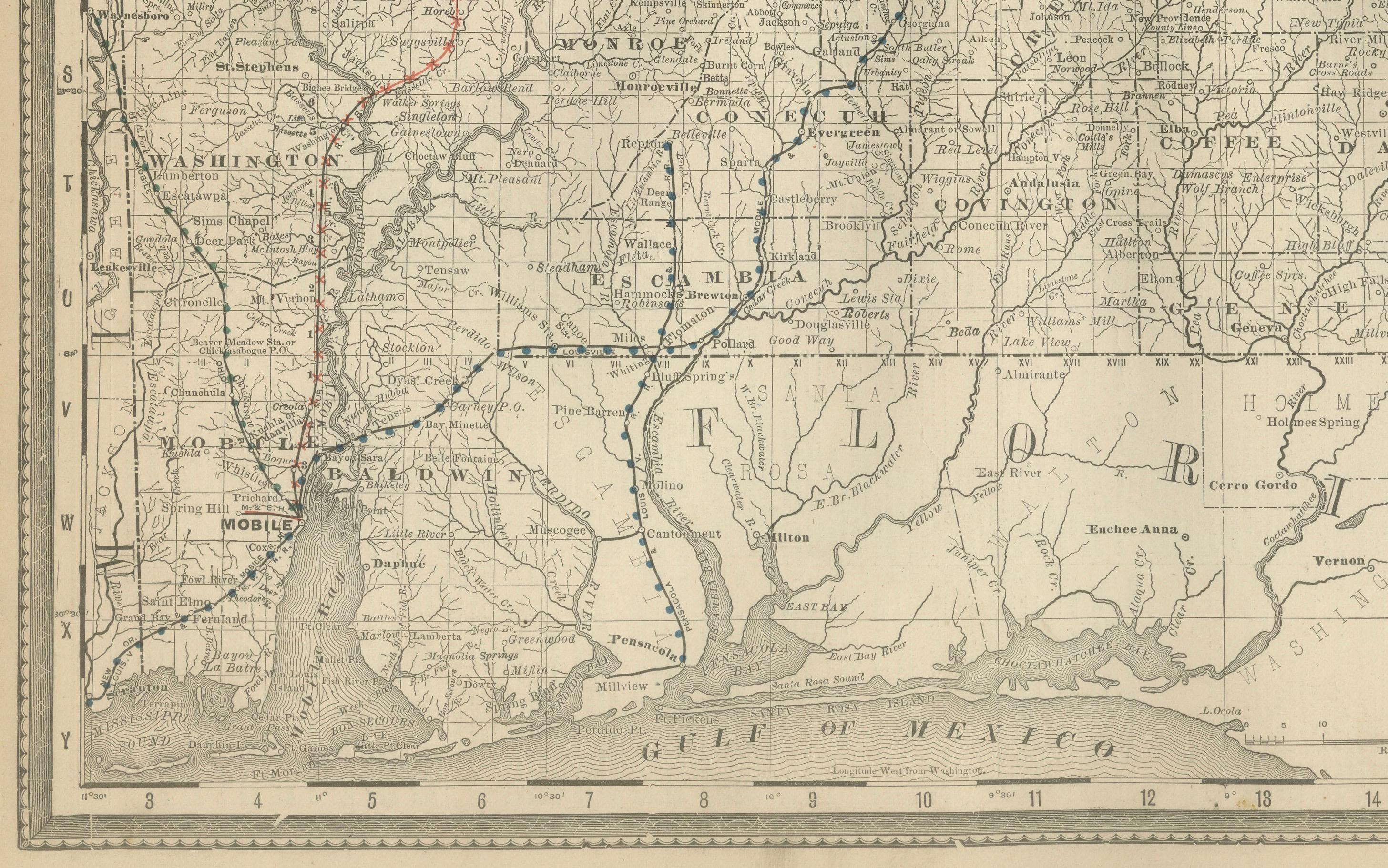Mappa antica dell'Alabama 1888 - Il cuore di Dixie, ferrovie e Townes in vendita 1